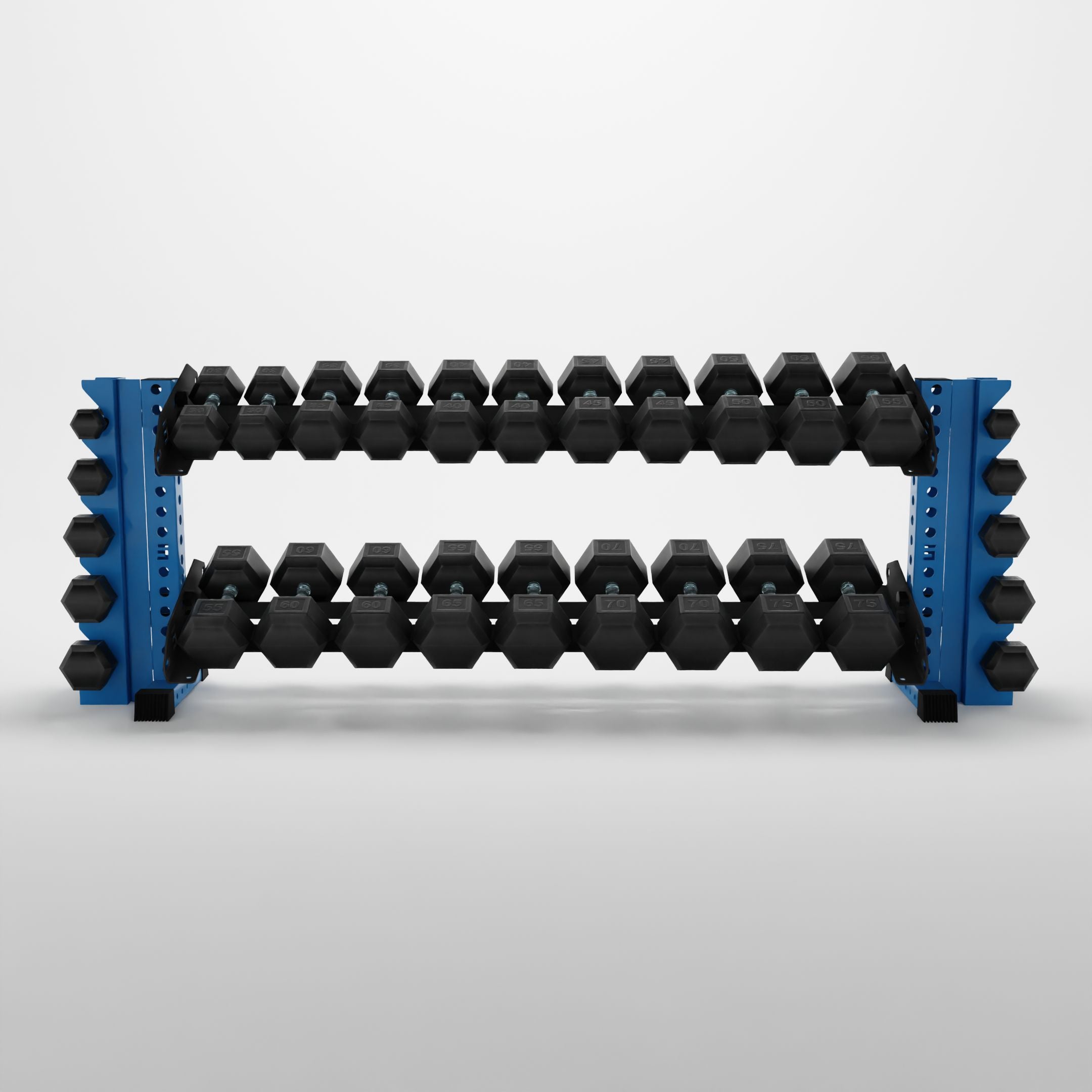 synergy blue 70-inch bravo 2-tier horizontal dumbbell rack with vertical add-ons storing hex dumbbells