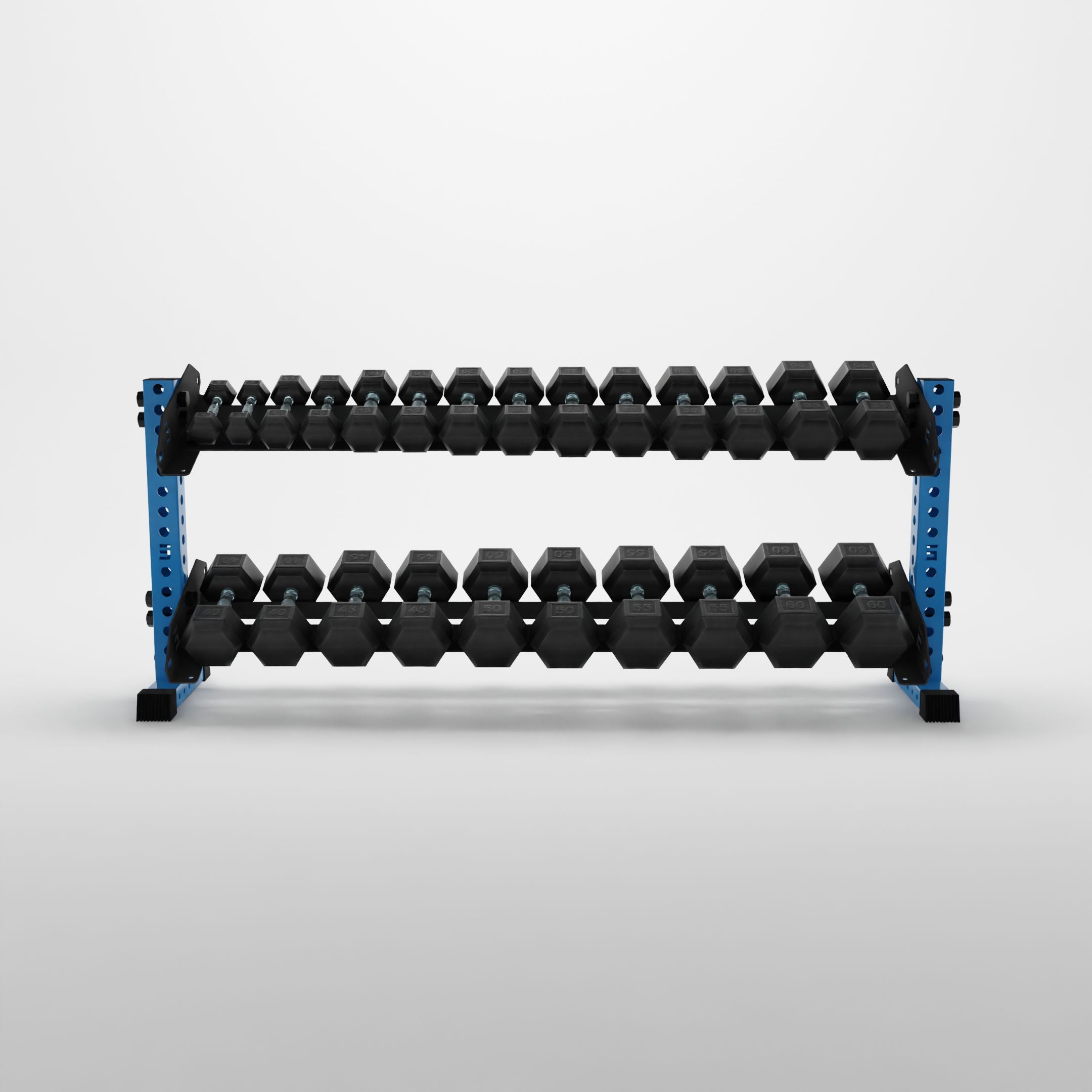 synergy blue 70-inch bravo 2-tier horizontal dumbbell rack storing hex dumbbells