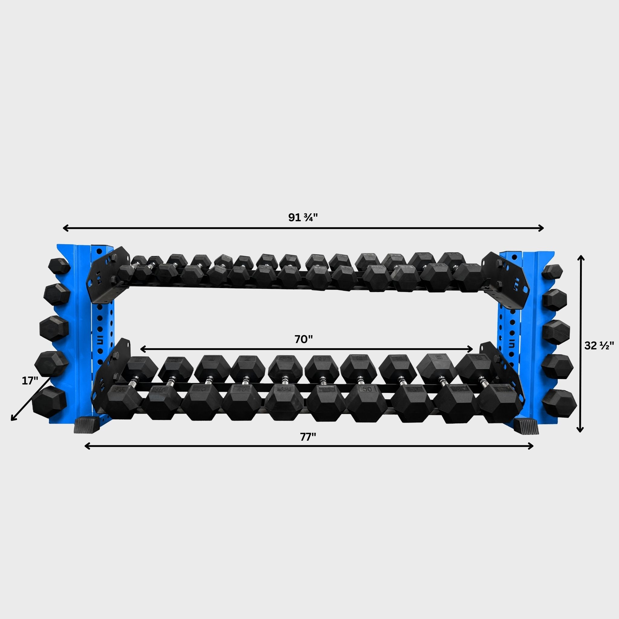 synergy blue 70-inch bravo 2-tier horizontal dumbbell storage rack loaded with hex dumbbells and its product dimensions