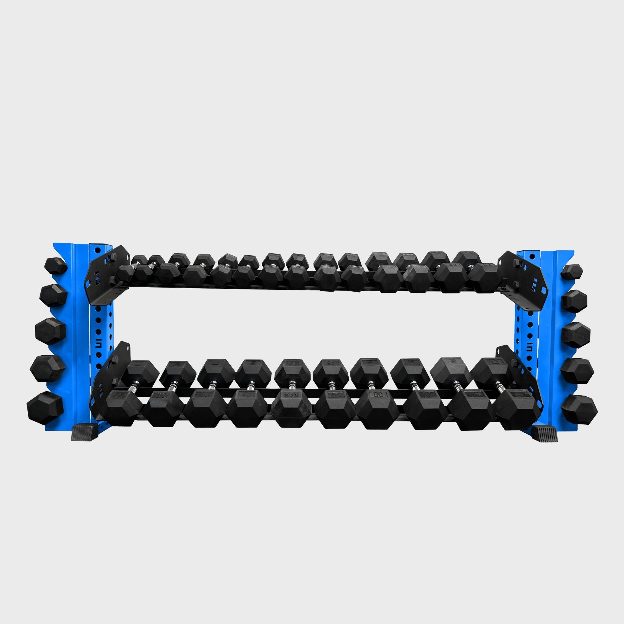 synergy blue 70-inch bravo 2-tier horizontal dumbbell storage rack loaded with hex dumbbells