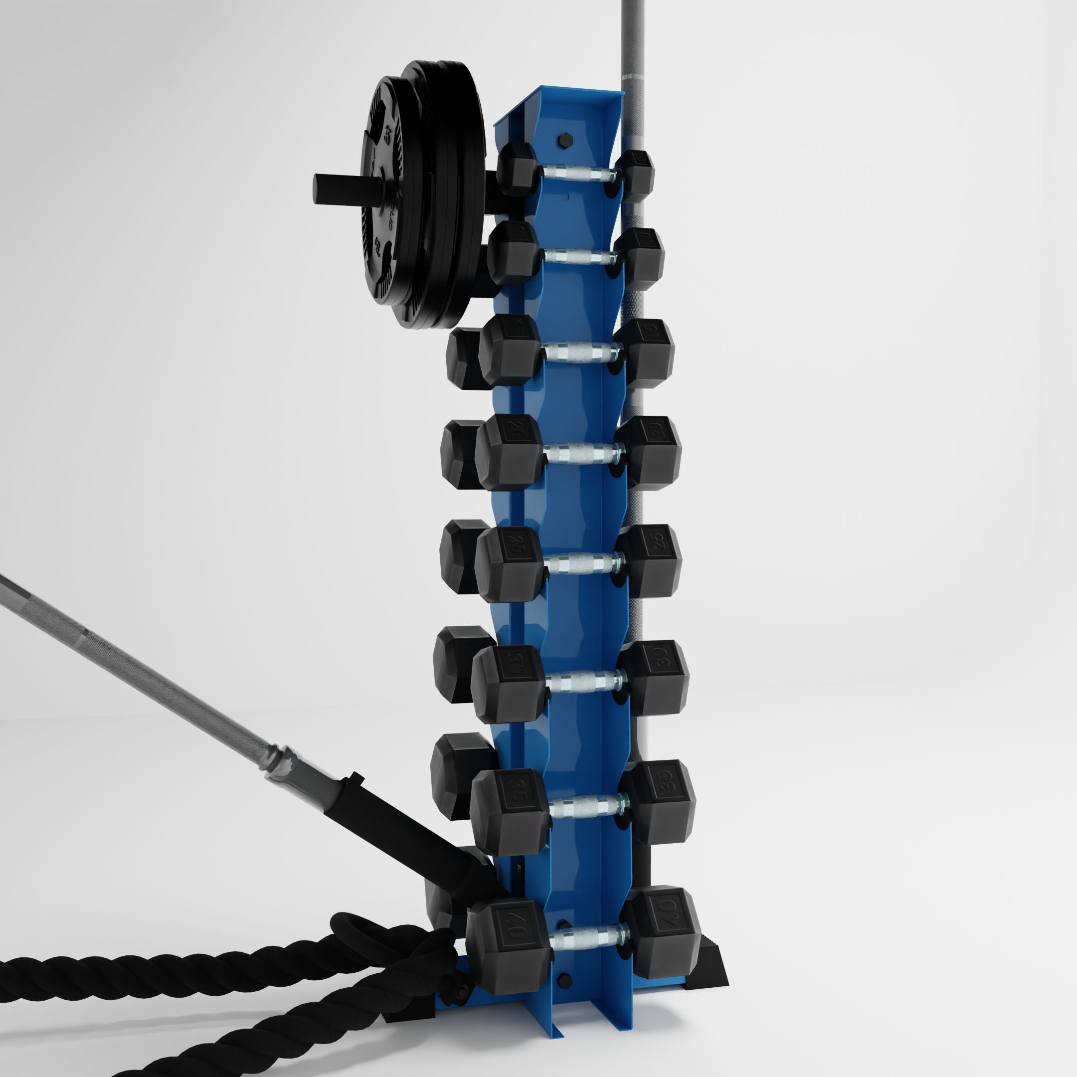 synergy blue alpha 8-tier vertical dumbbell storage rack storing dumbbells, weight plates, barbells, and a battle rope using storage attachment accessories