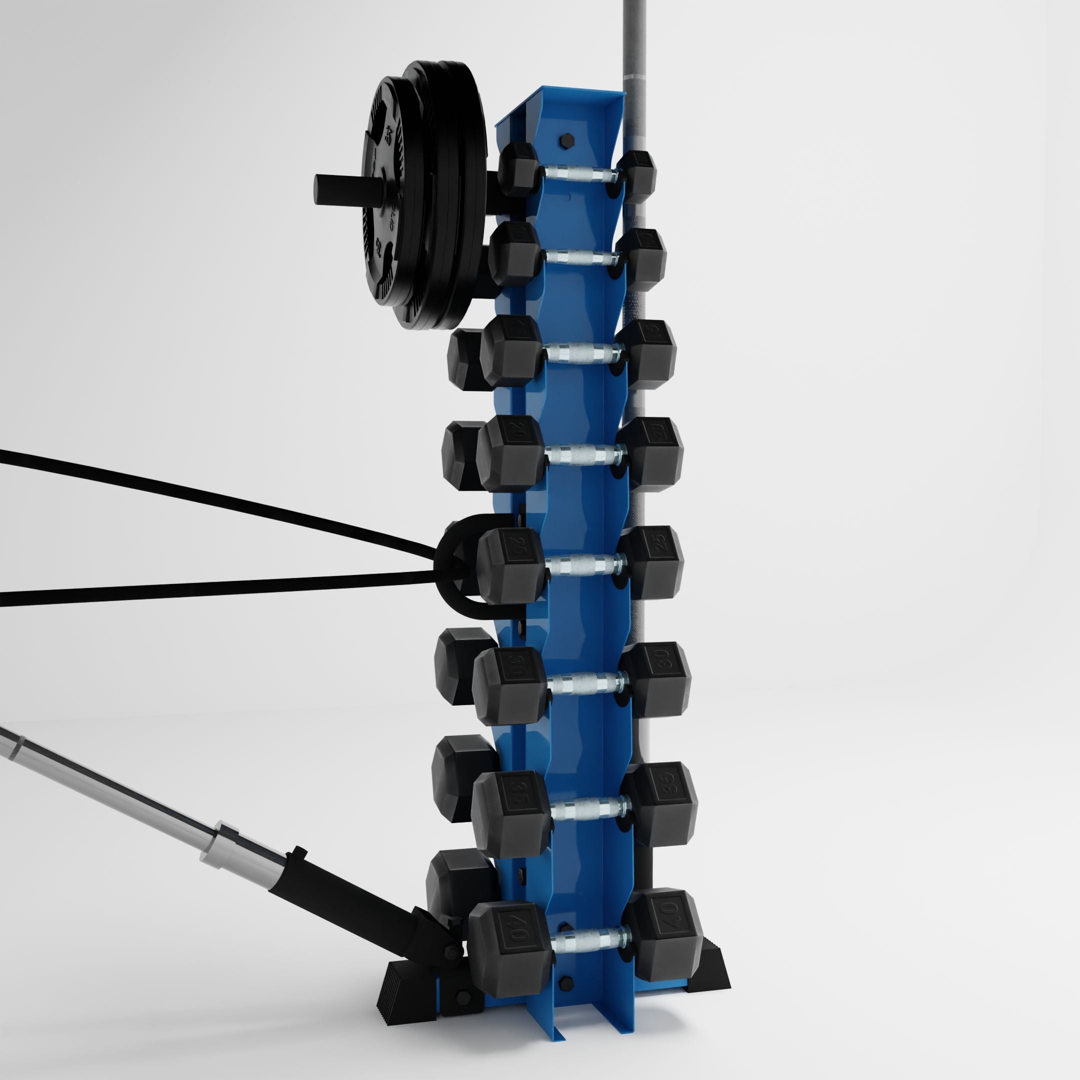 synergy blue alpha 8-tier vertical dumbbell storage rack storing dumbbells, weight plates, barbells, and a resistance band using storage attachment accessories