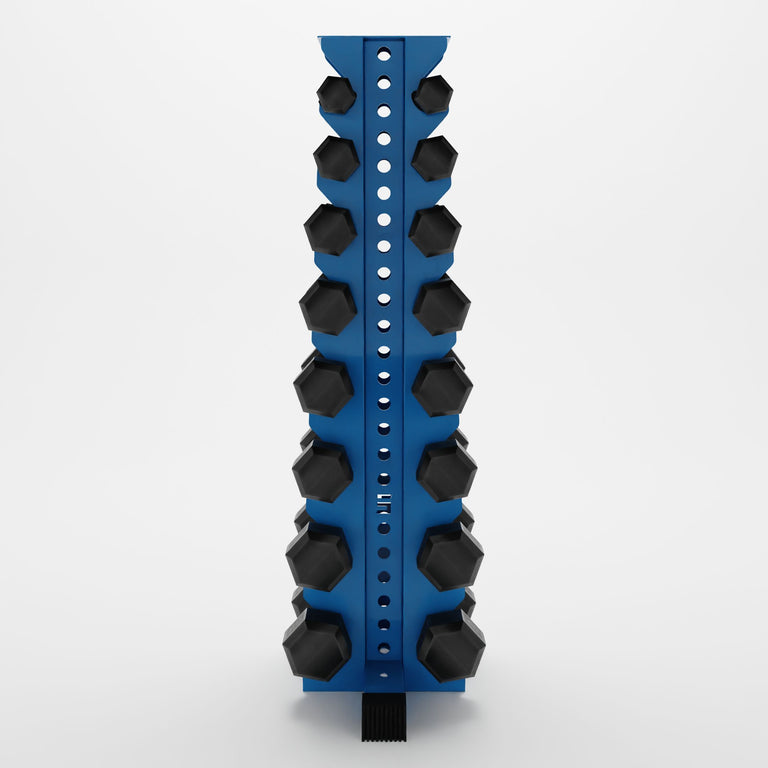 synergy blue alpha 8-tier vertical dumbbell storage rack storing hex dumbbells