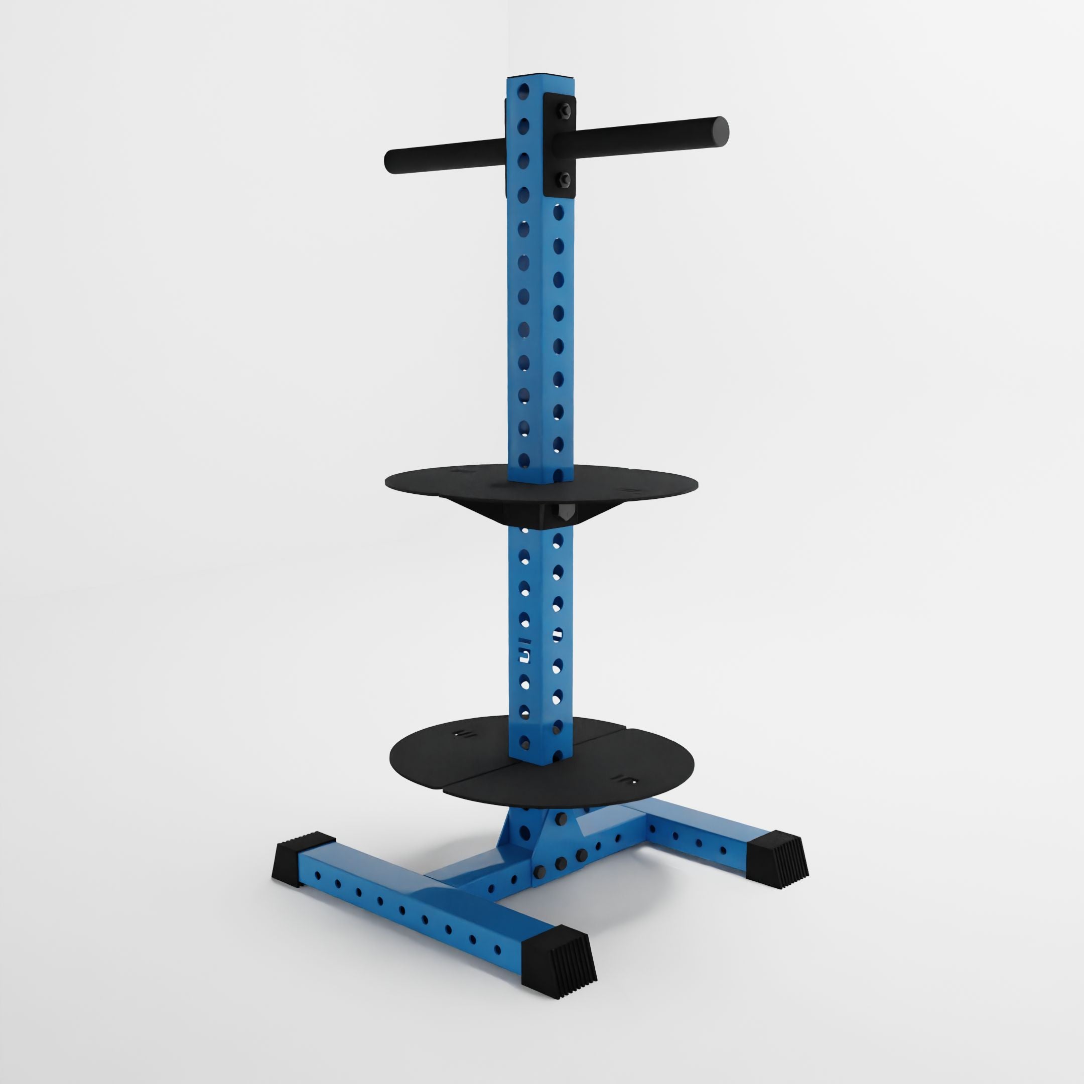 synergy blue alpha pk vertical hybrid plate and kettlebell storage rack side view