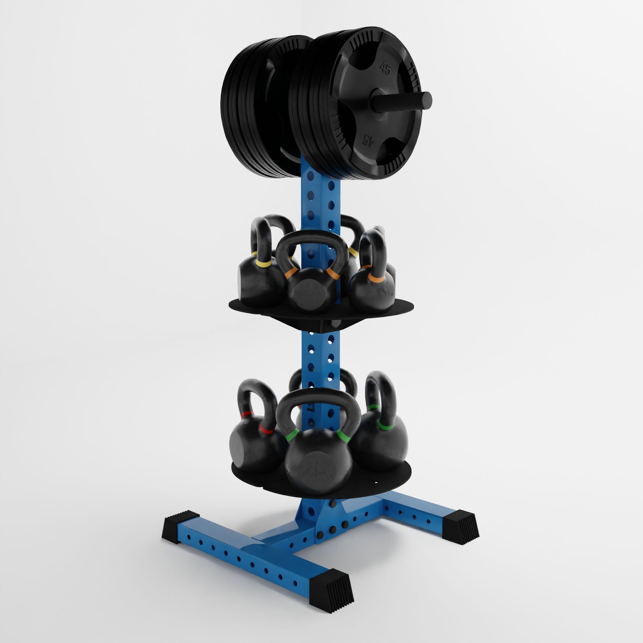 synergy blue alpha pk vertical hybrid plate and kettlebell storage rack storing weight plates and kettlebells side view