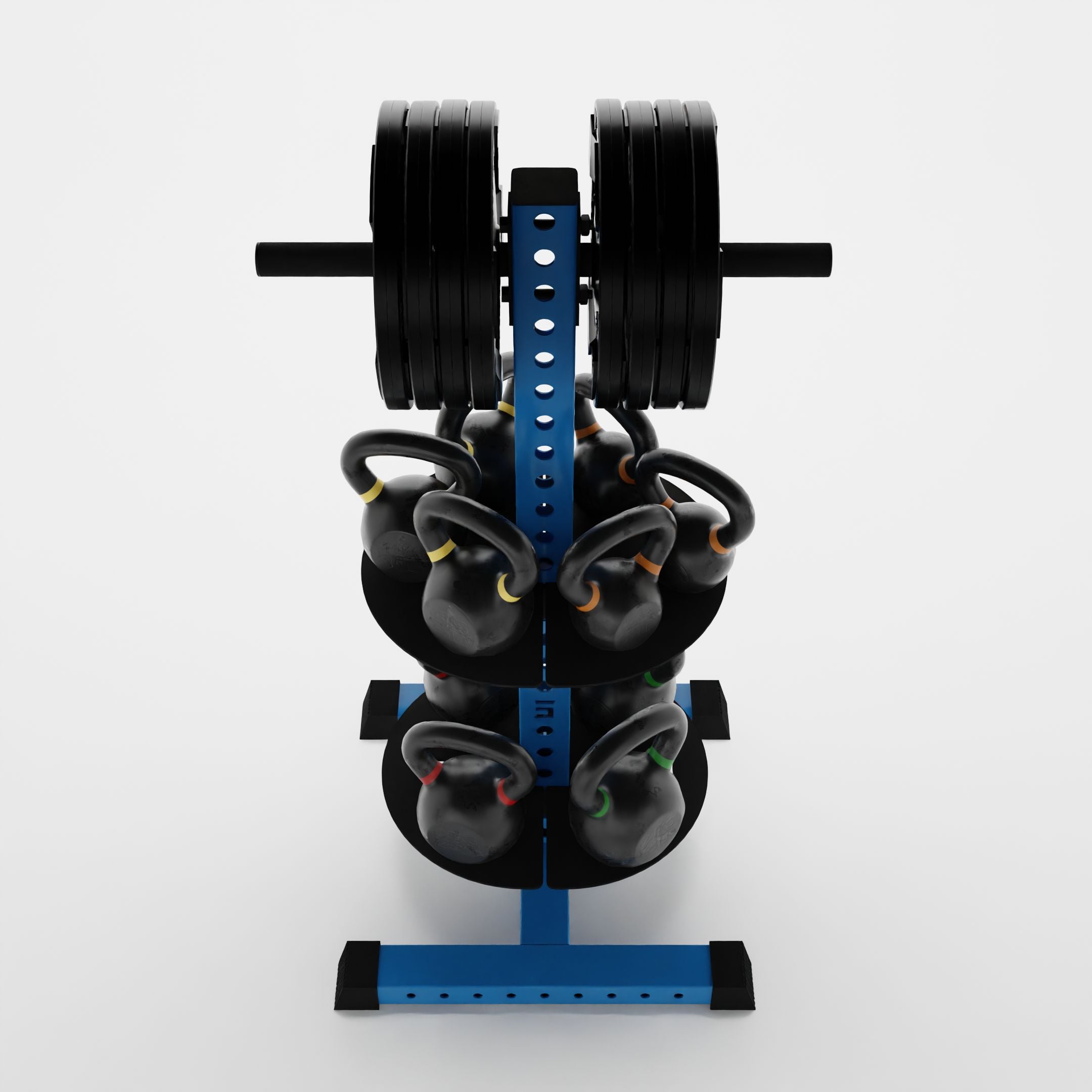 synergy blue alpha pk vertical hybrid plate and kettlebell storage rack storing weight plates and kettlebells top view