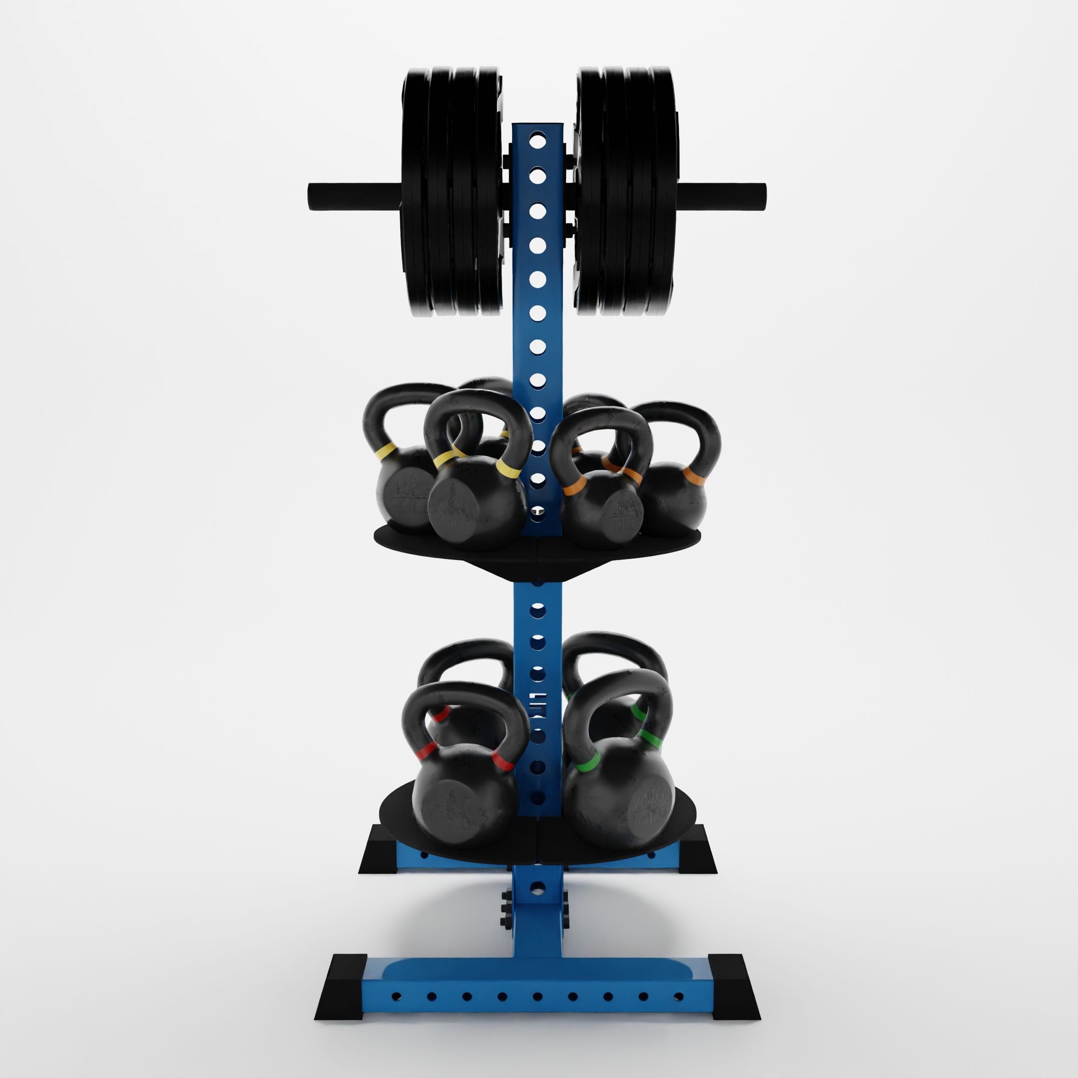 synergy blue alpha pk vertical hybrid plate and kettlebell storage rack storing weight plates and kettlebells