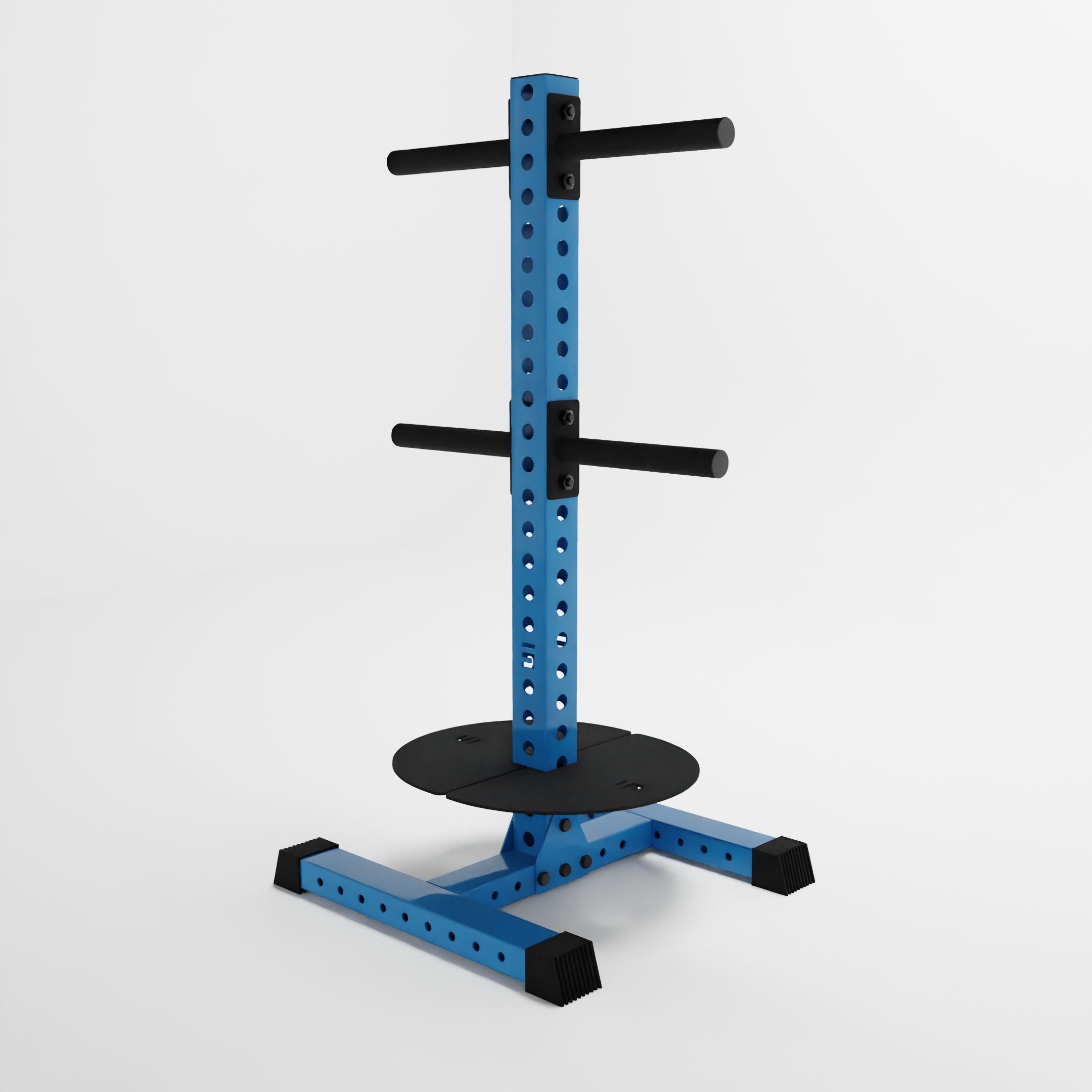 synergy blue alpha pk vertical hybrid plate and kettlebell storage rack side view