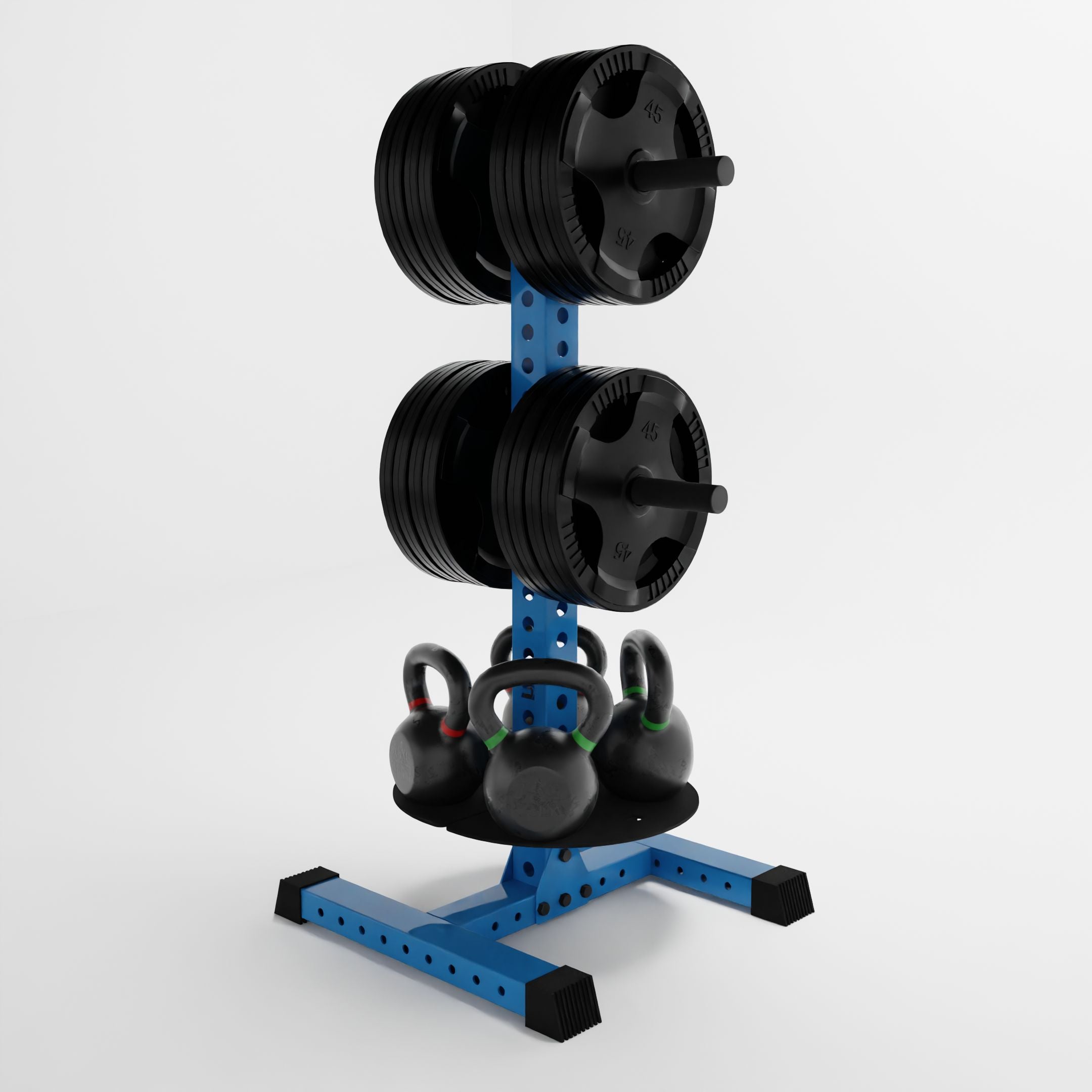 synergy blue alpha pk vertical hybrid plate and kettlebell storage rack storing plates and kettlebells side view