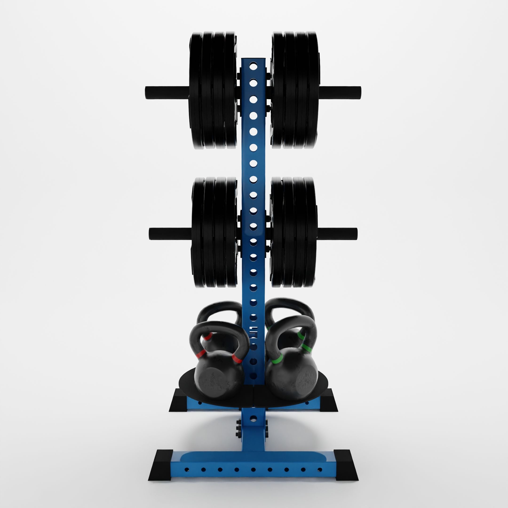 synergy blue alpha pk vertical hybrid plate and kettlebell storage rack storing weight plates and kettlebells