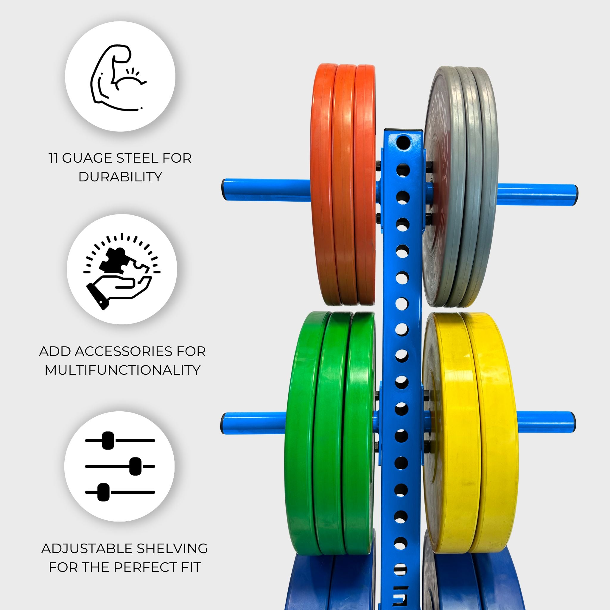 synergy blue alpha vertical weight plate storage tree with six weight plate holders holding various weight plates and text that reads "11 gauge steel for durability, add accessories for multifunctionality, adjustable shelving for the perfect fit"