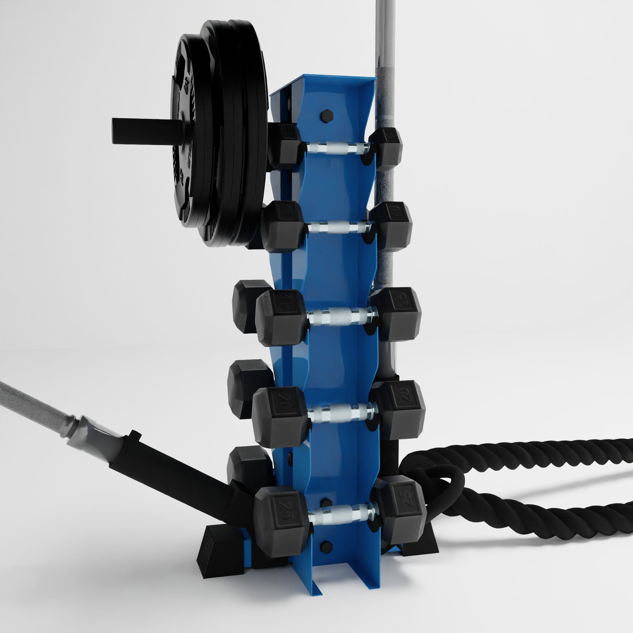 synergy blue bravo 5-tier vertical dumbbell storage rack storing dumbbells, weight plates, barbells, and a battle rope using storage attachment accessories