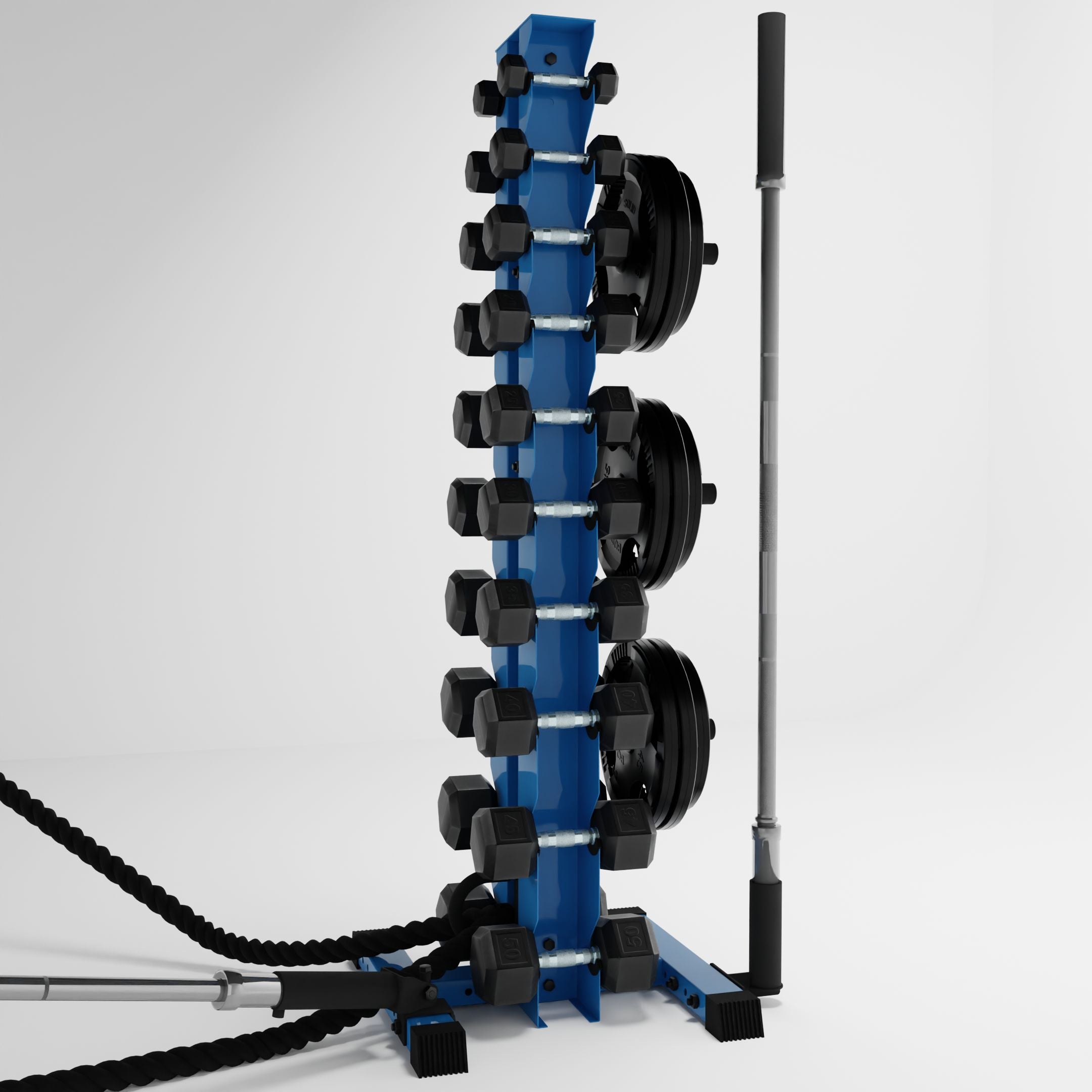 synergy blue delta 10-tier vertical dumbbell storage rack storing dumbbells, weight plates, barbells, and a battle rope using storage attachment accessories