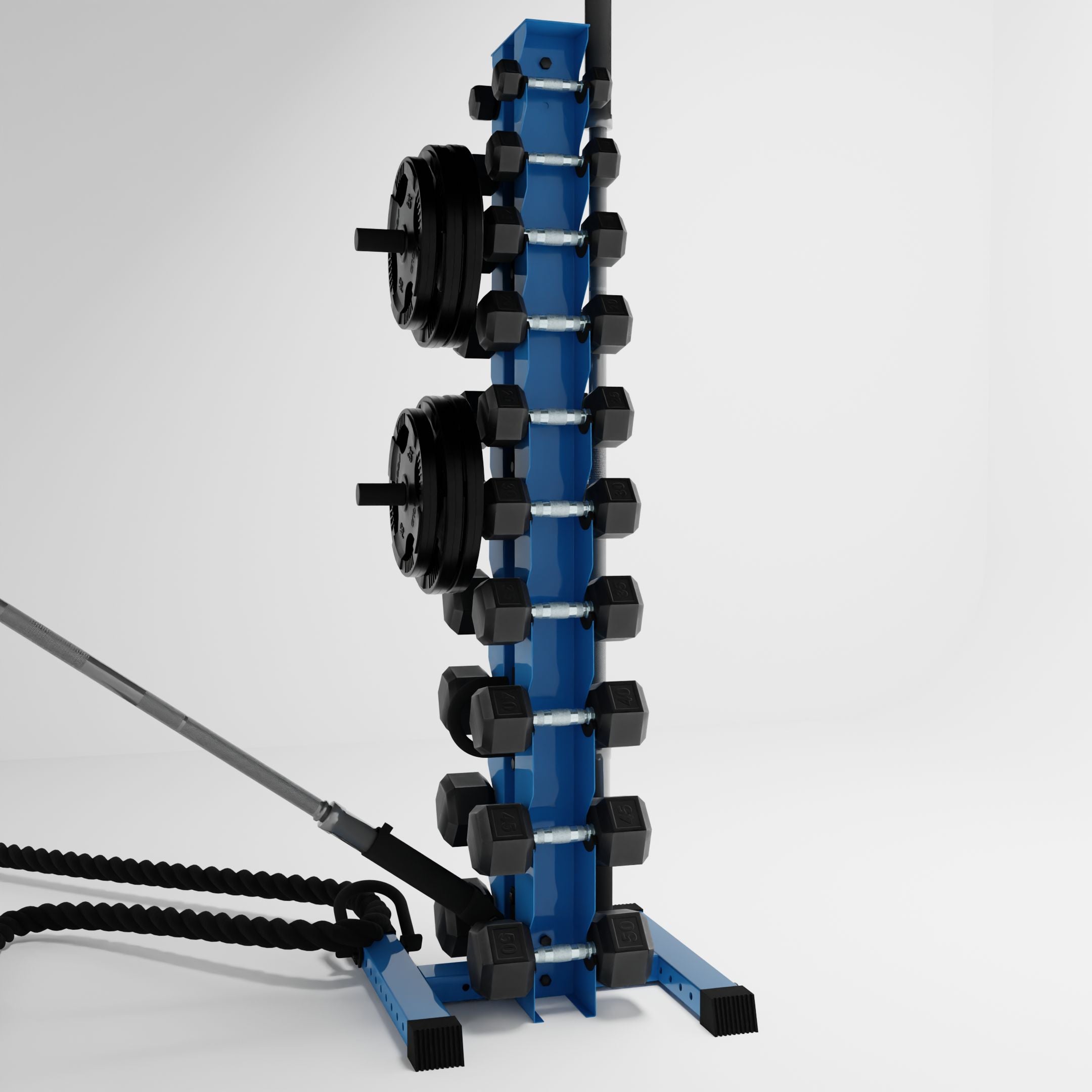 synergy blue delta 10-tier vertical dumbbell storage rack storing dumbbells, weight plates, barbells, and a battle rope using storage attachment accessories