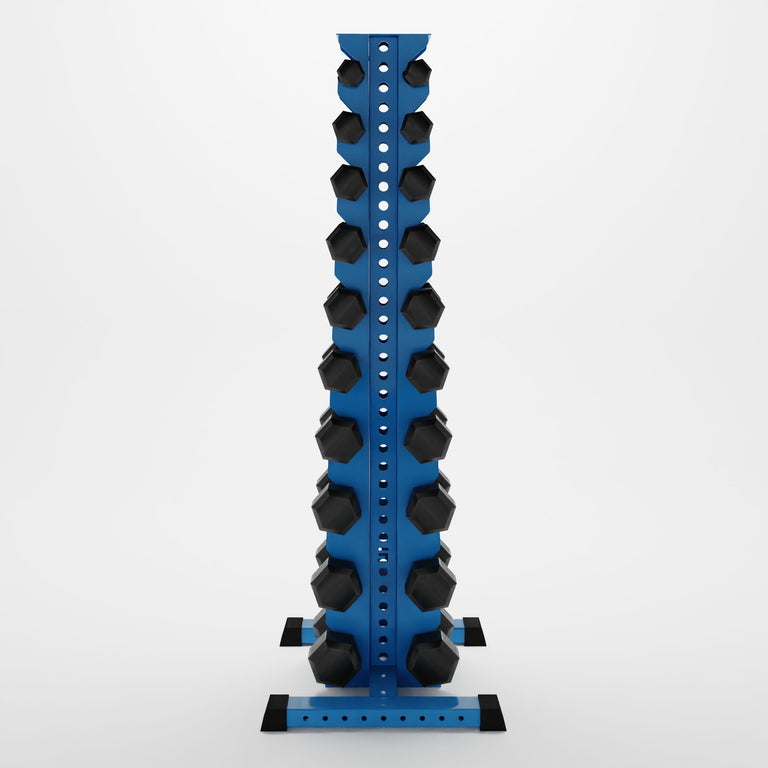 synergy blue delta 10-tier vertical dumbbell storage rack storing hex dumbbells