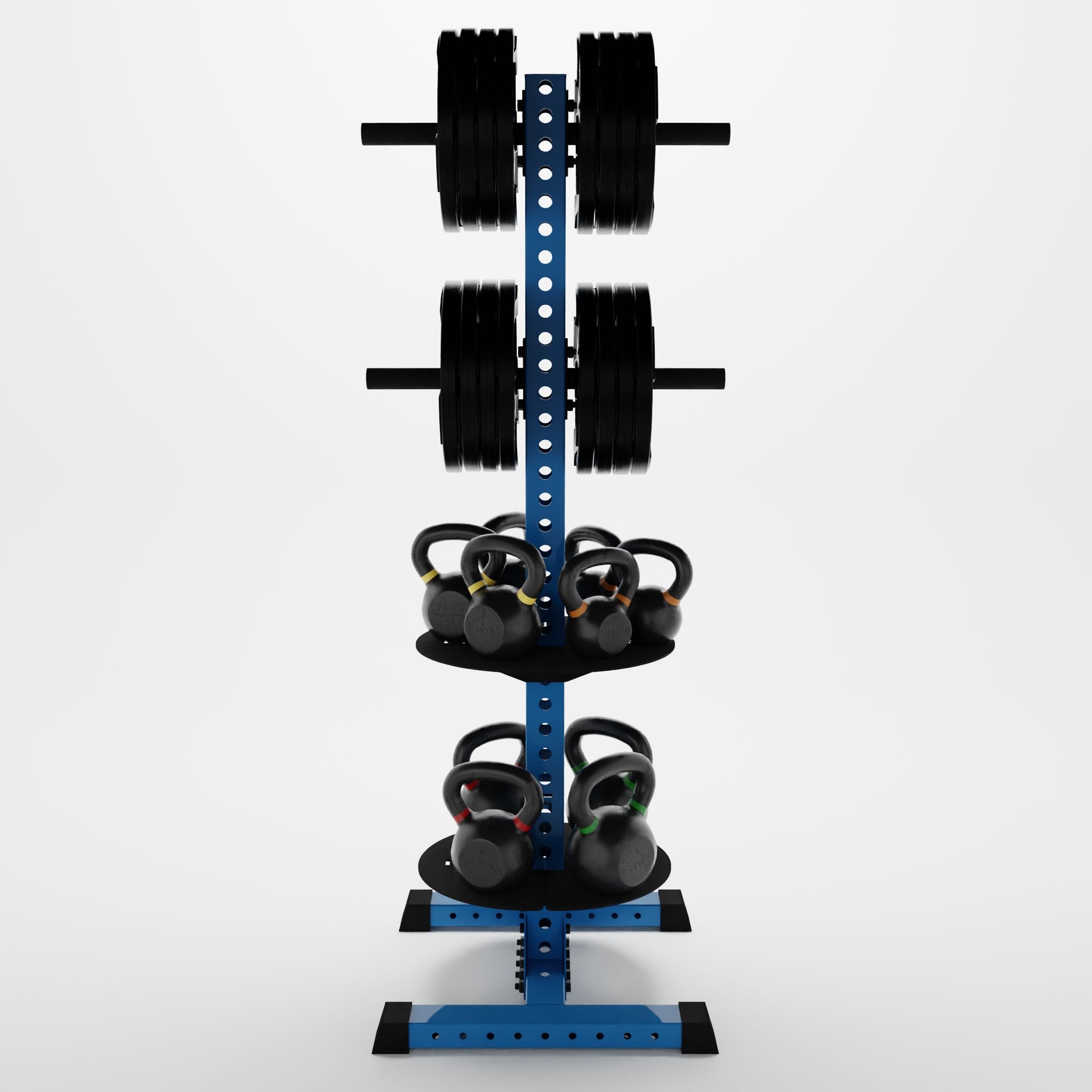 synergy blue delta pk verticla hybrid weight plate and kettlebell storage rack storing weight plates and kettlebells