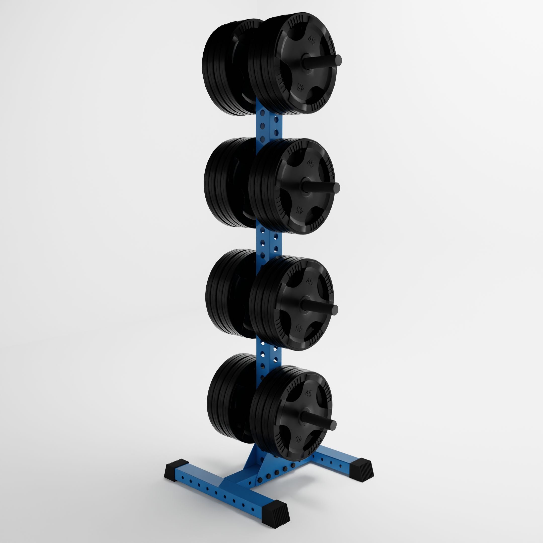 synergy blue delta 4-tier vertical weight plate storing weight plates side view