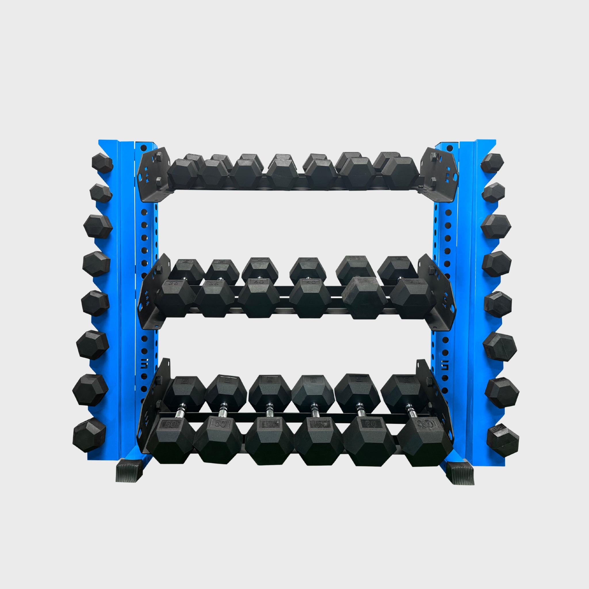 43 inch synergy blue alpha 3-tier horizontal dumbbell rack loaded with hex dumbbells and vertical add-ons