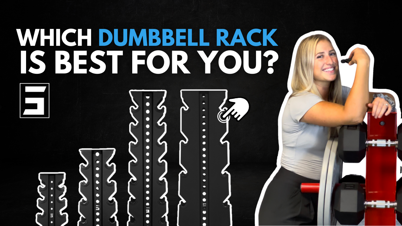 four different variations of Synergy Custom Fitness's black vertical dumbbell racks with a woman leaning on a red vertical dumbbell rack holding dumbbells and weight plates with a weight plate holder accessory with text reading "which dumbbell rack is best for you?"