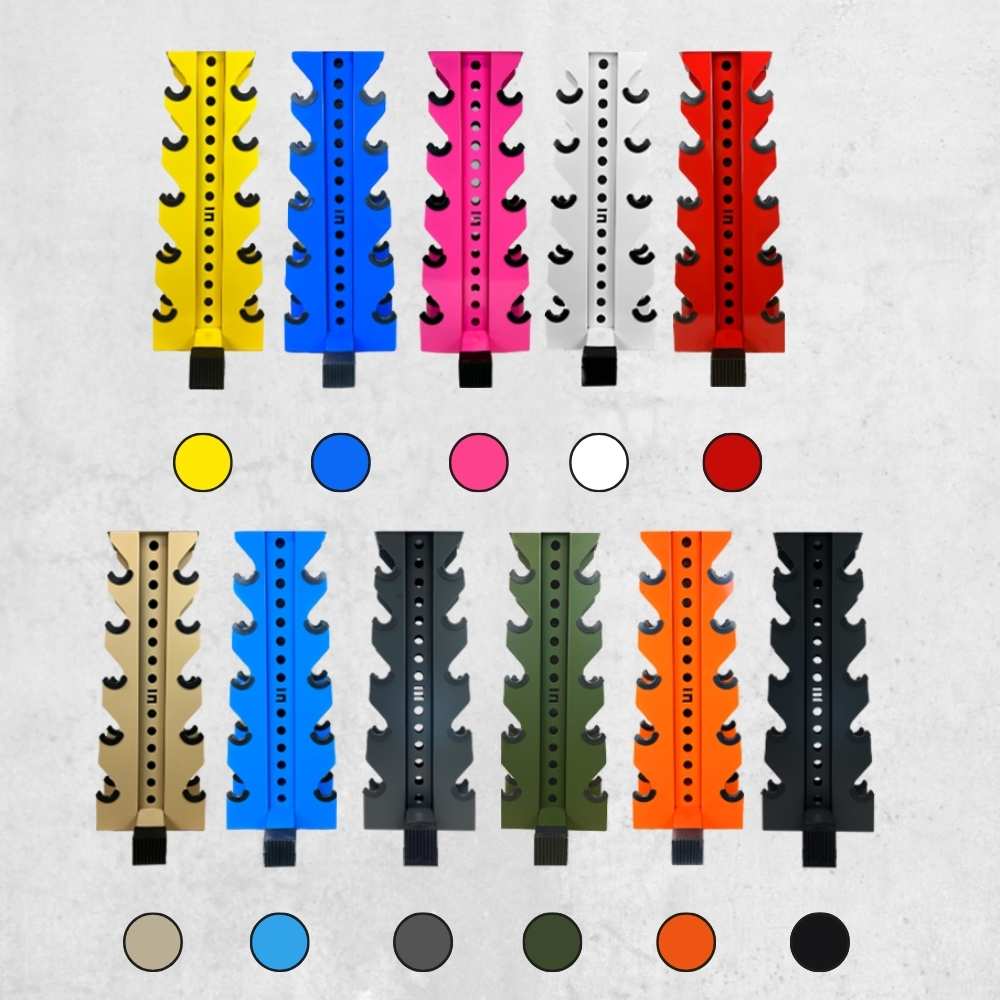 eleven 5-tier vertical dumbbell racks presented in eleven different colors: yellow, blue, pink, white, red, tan, synergy blue, grey, military green, orange, and black.