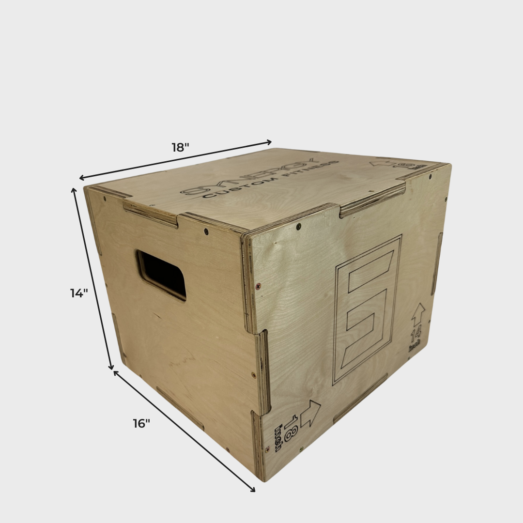 small wooden plyo box and its dimensions: height 14 inches, length 18 inches, width 16 inches