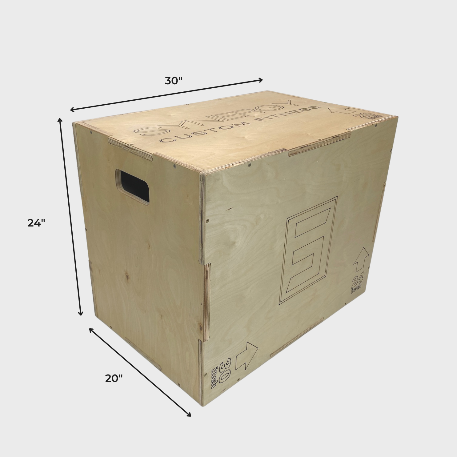 wooden plyo box with dimensions: height 24 inches, length 30 inches, width 20 inches