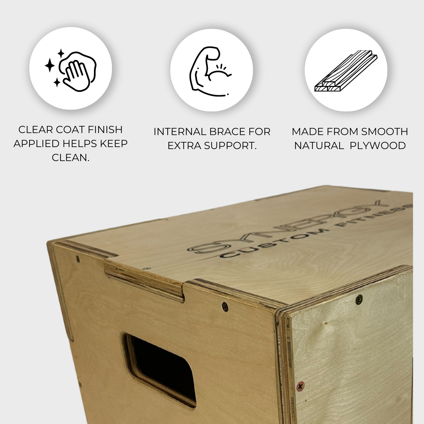 wooden plyo box with text reading "clear coat finish applied helps keep clean, internal brace for extra support, made from smooth natural plywood"