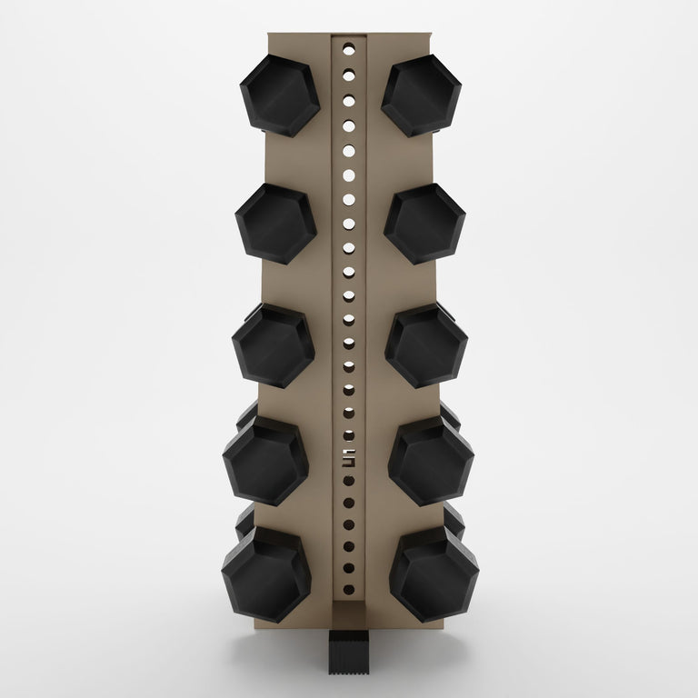 tan alpha elite vertical dumbbell storage rack storing hex dumbbells