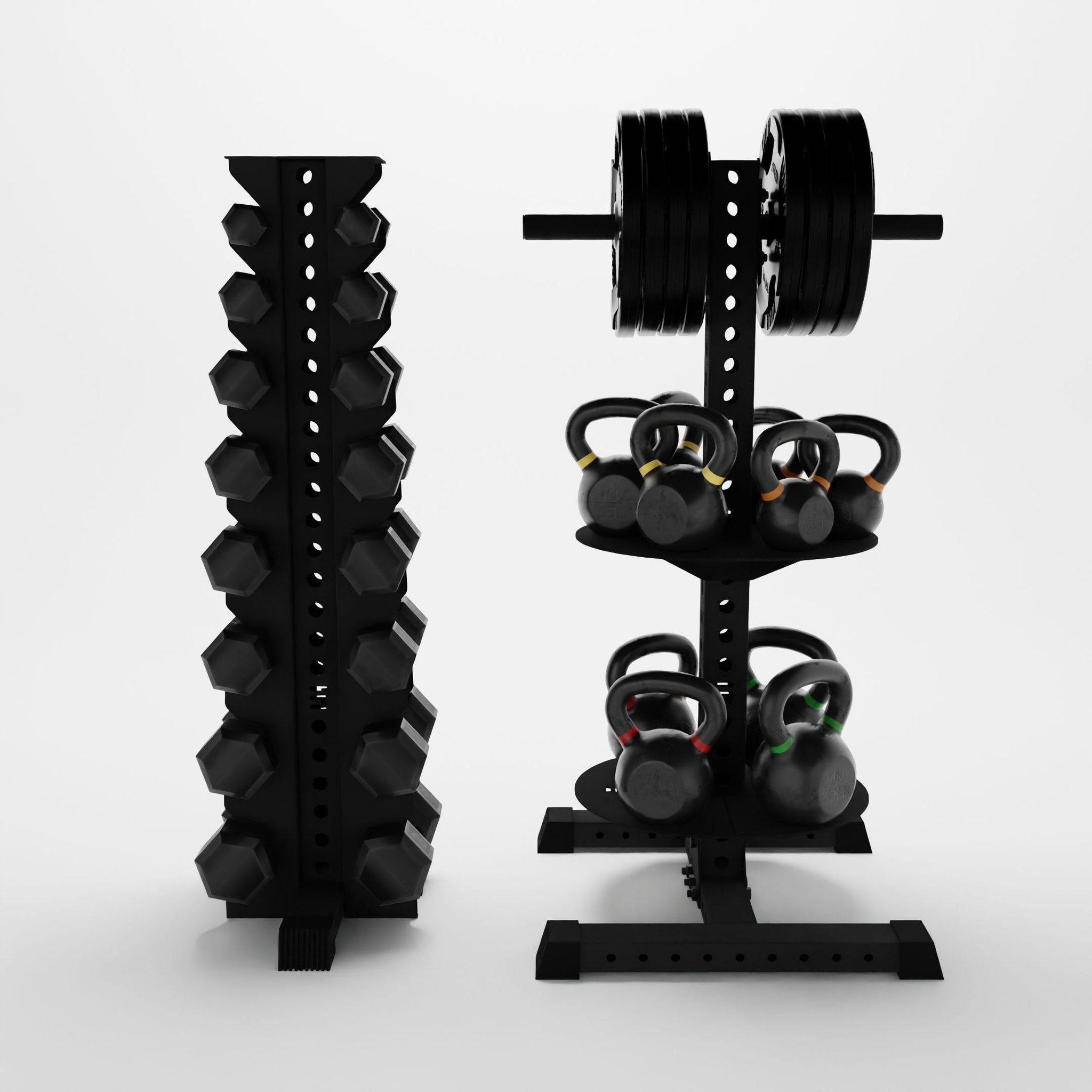 Alpha Vertical Storage Bundle for Dumbbells, Plates, and Kettlebells