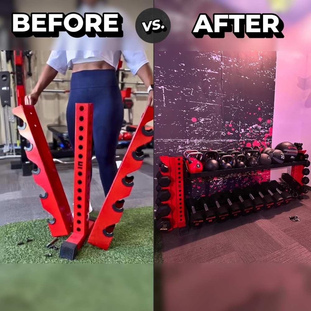 a woman taking apart a Synergy Custom Fitness's red 5-tier vertical dumbbell rack with an image of it being expanded into a 2-tier horizontal dumbbell rack holding dumbbells and kettlebells with text reading, "before vs. after".