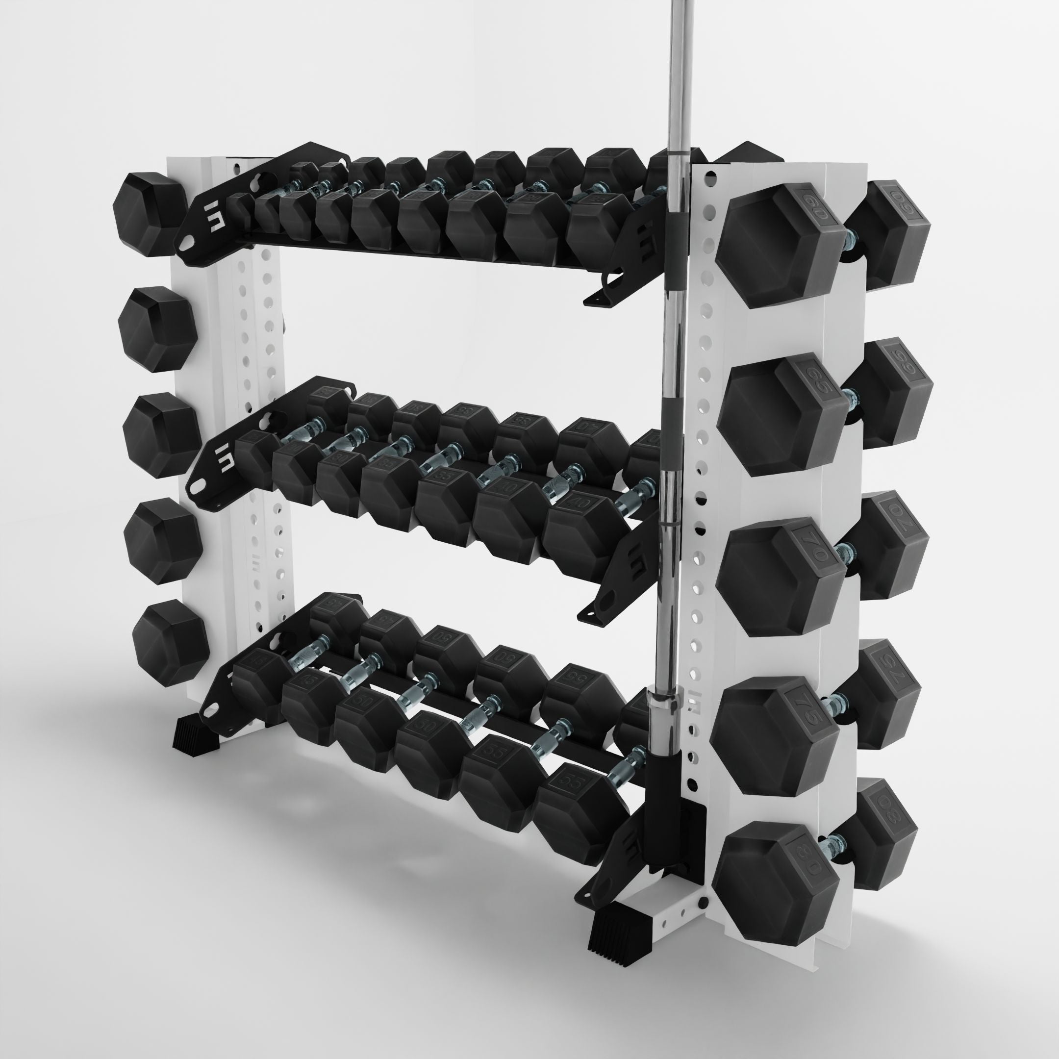 white 43-inch alpha 3-tier horizontal dumbbell rack with elite vertical add-ons storing dumbbells and a barbell using a storage attachment accessory