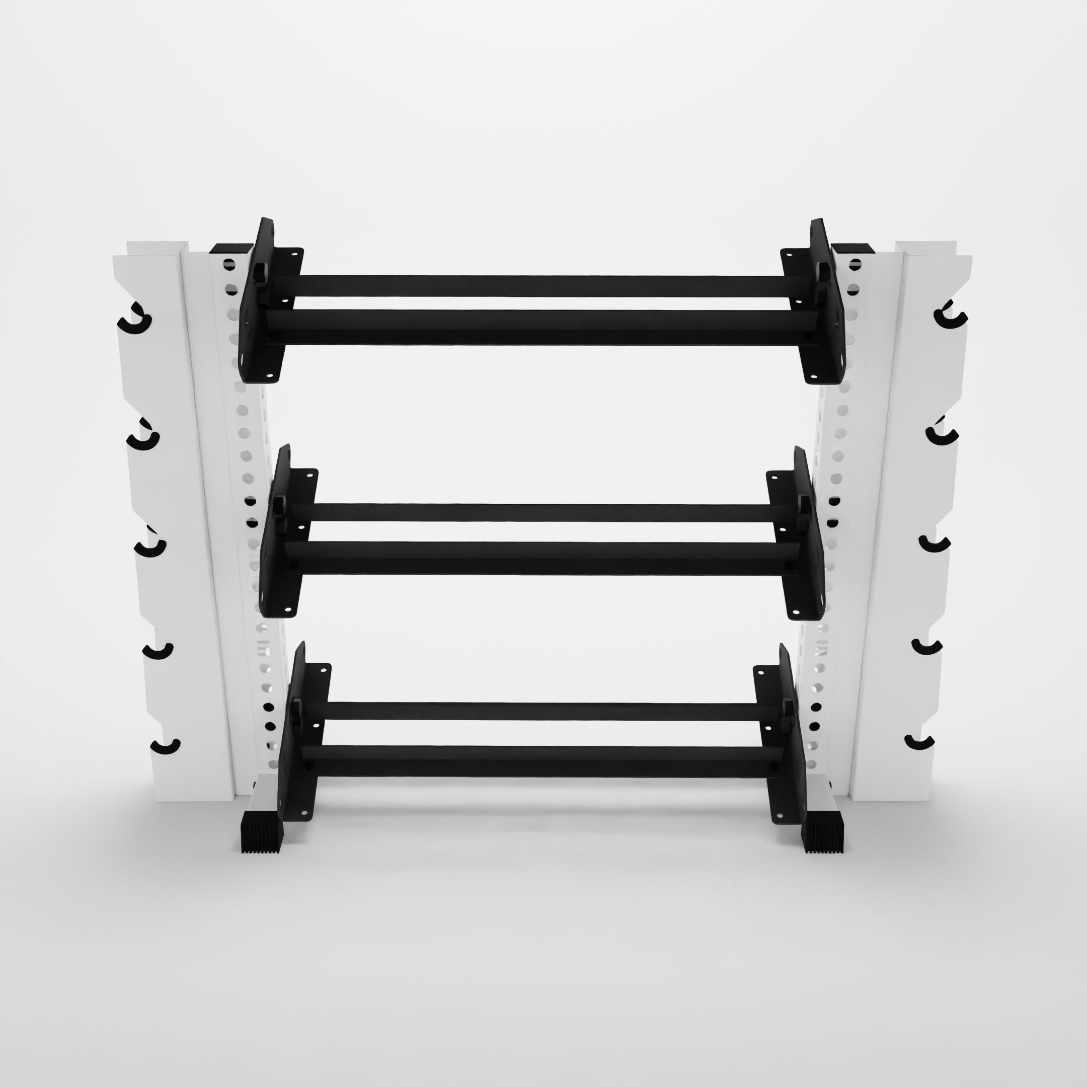 white 43-inch alpha 3-tier horizontal dumbbell rack with elite vertical add-ons