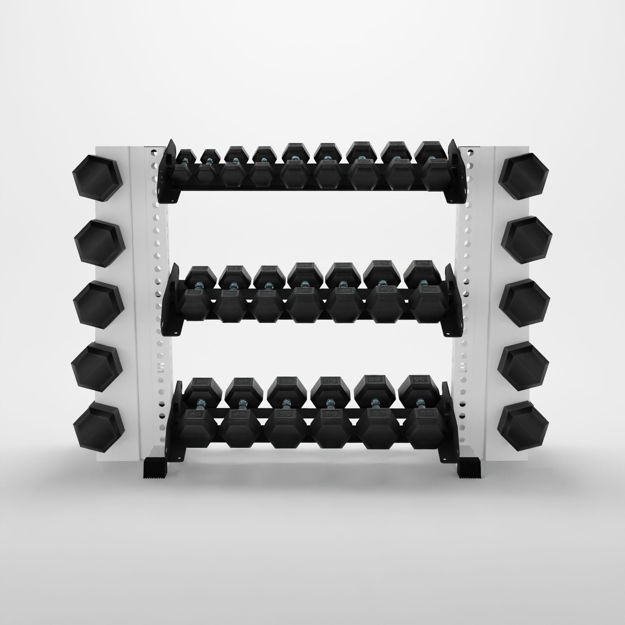 white 43-inch alpha 3-tier horizontal dumbbell rack with elite vertical add-ons storing hex dumbbells