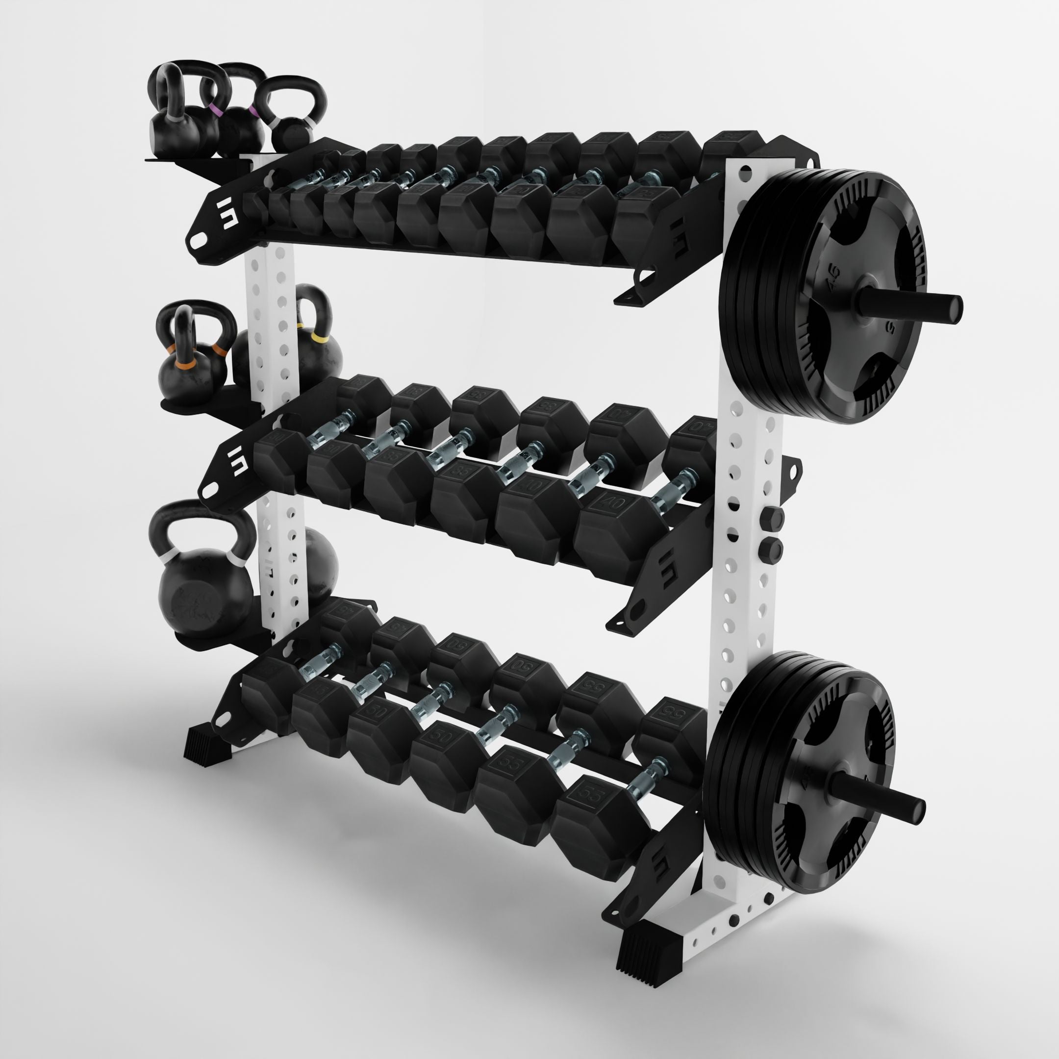 white 43-inch alpha 3-tier horizontal dumbbell rack storing dumbbells, weight plates, and kettlebells using storage attachment accessories