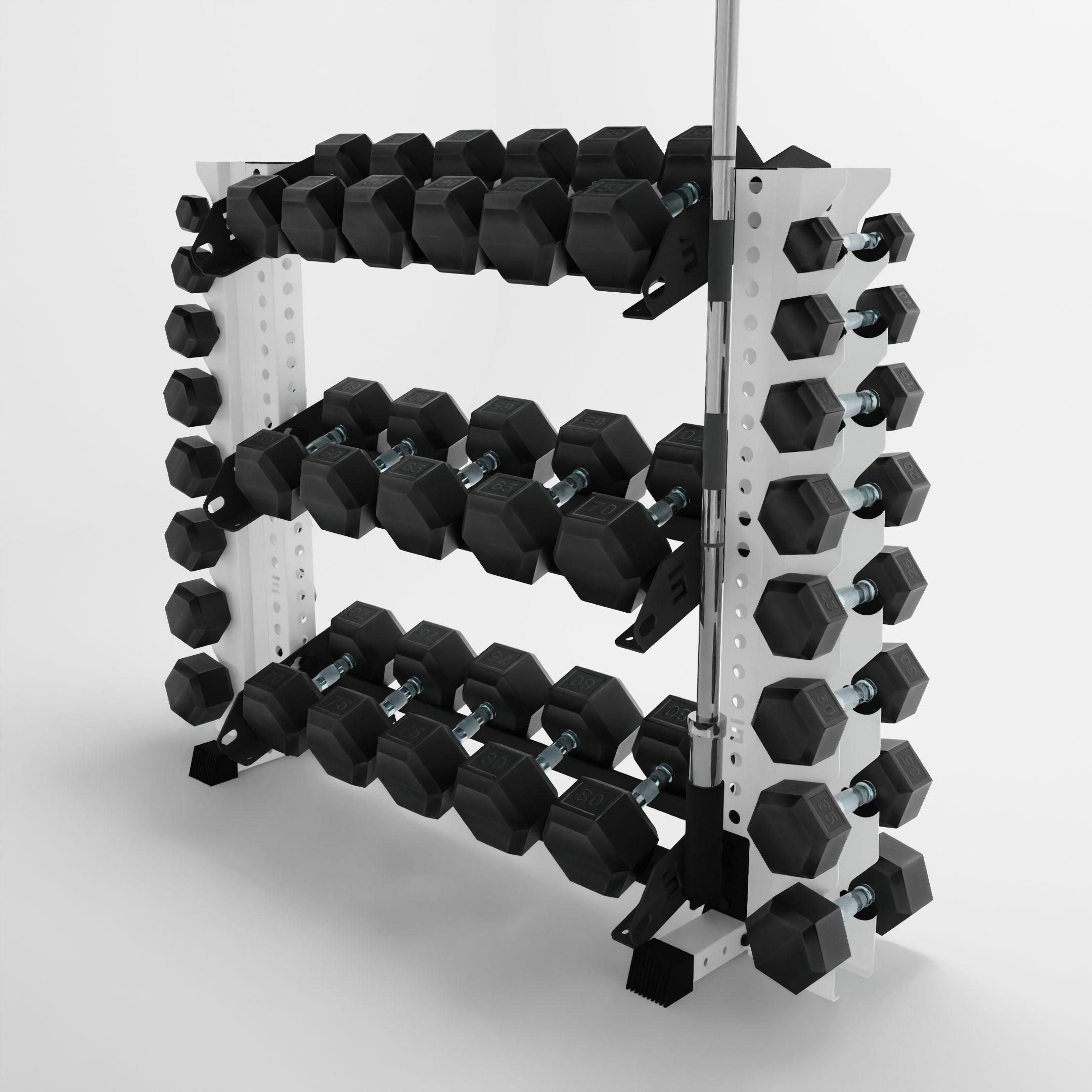 white 43-inch alpha 3-tier horizontal dumbbell rack with vertical add-ons storing dumbbells and a barbell using a storage attachment accessory