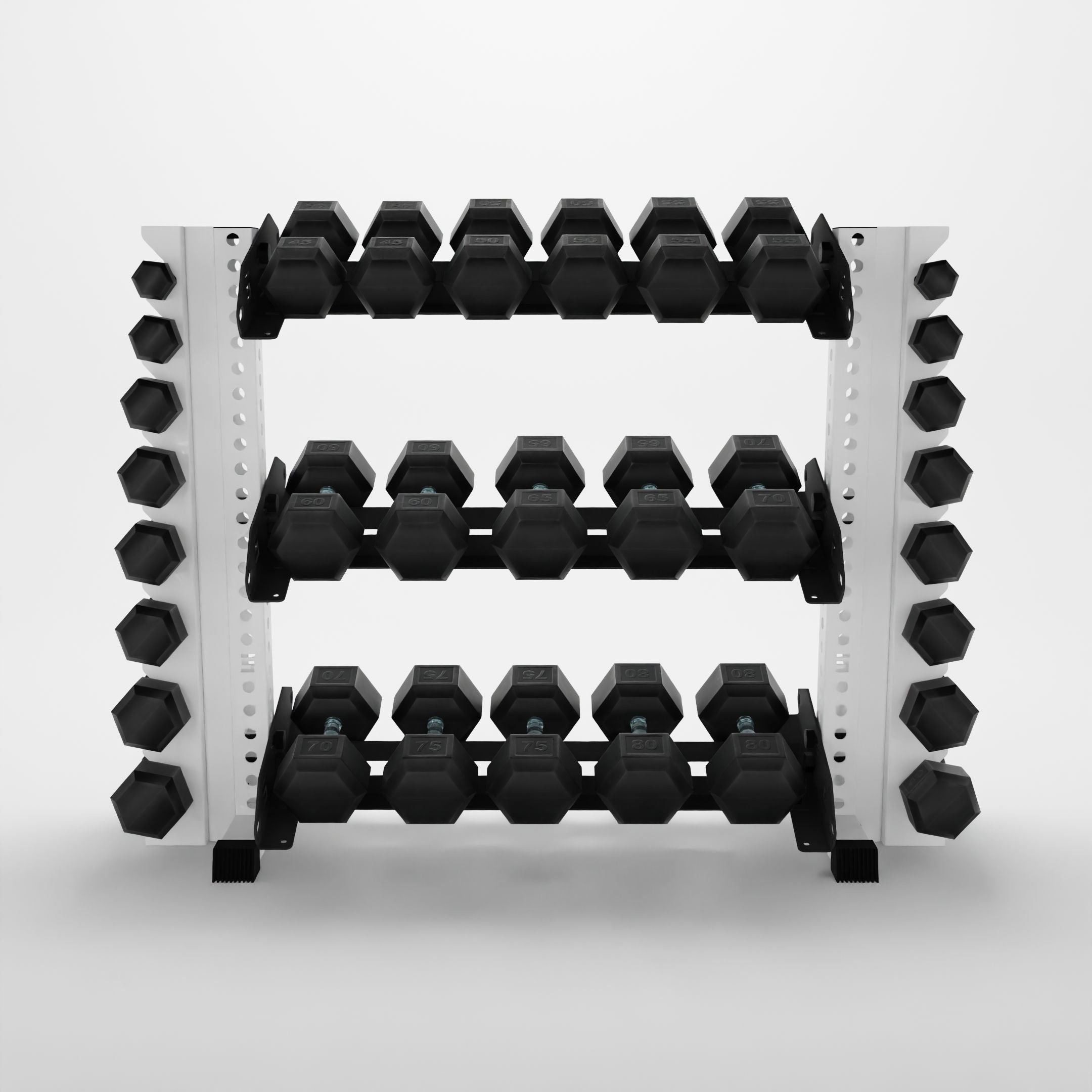 white 43-inch alpha 3-tier horizontal dumbbell rack with vertical add-ons storing hex dumbbells