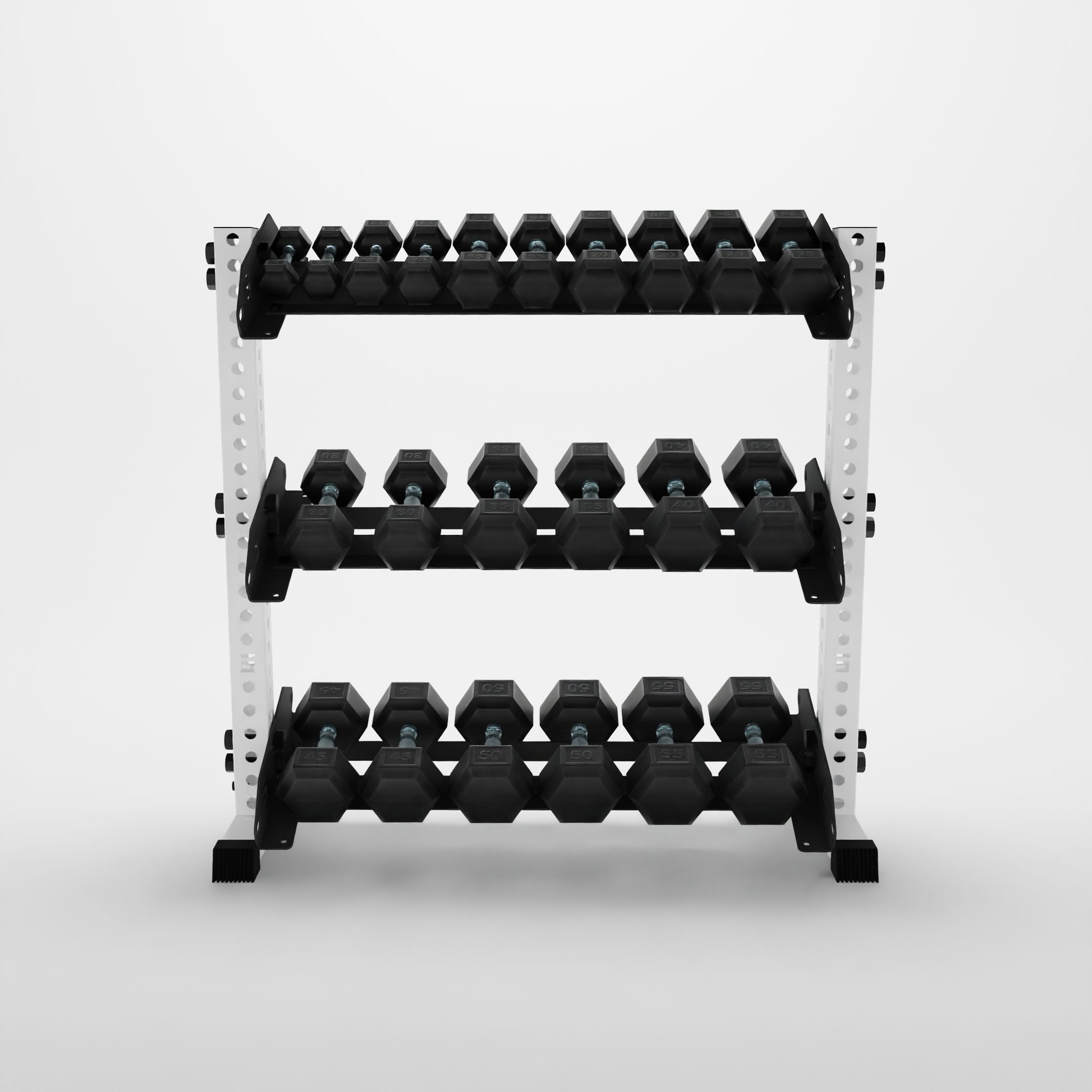 white 43-inch alpha 3-tier horizontal dumbbell rack storing hex dumbbells