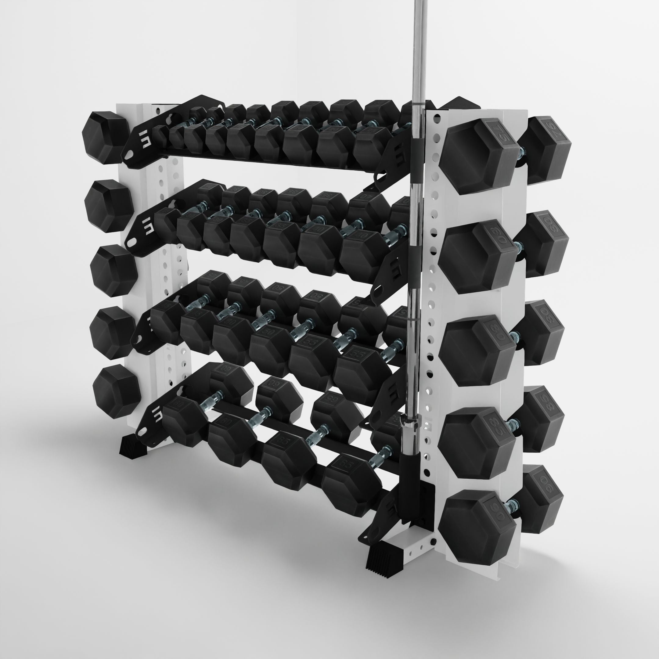 white 43-inch alpha 4-tier horizontal dumbbell rack with elite vertical add-ons storing hex dumbbells and a barbell using a storage attachment accessory