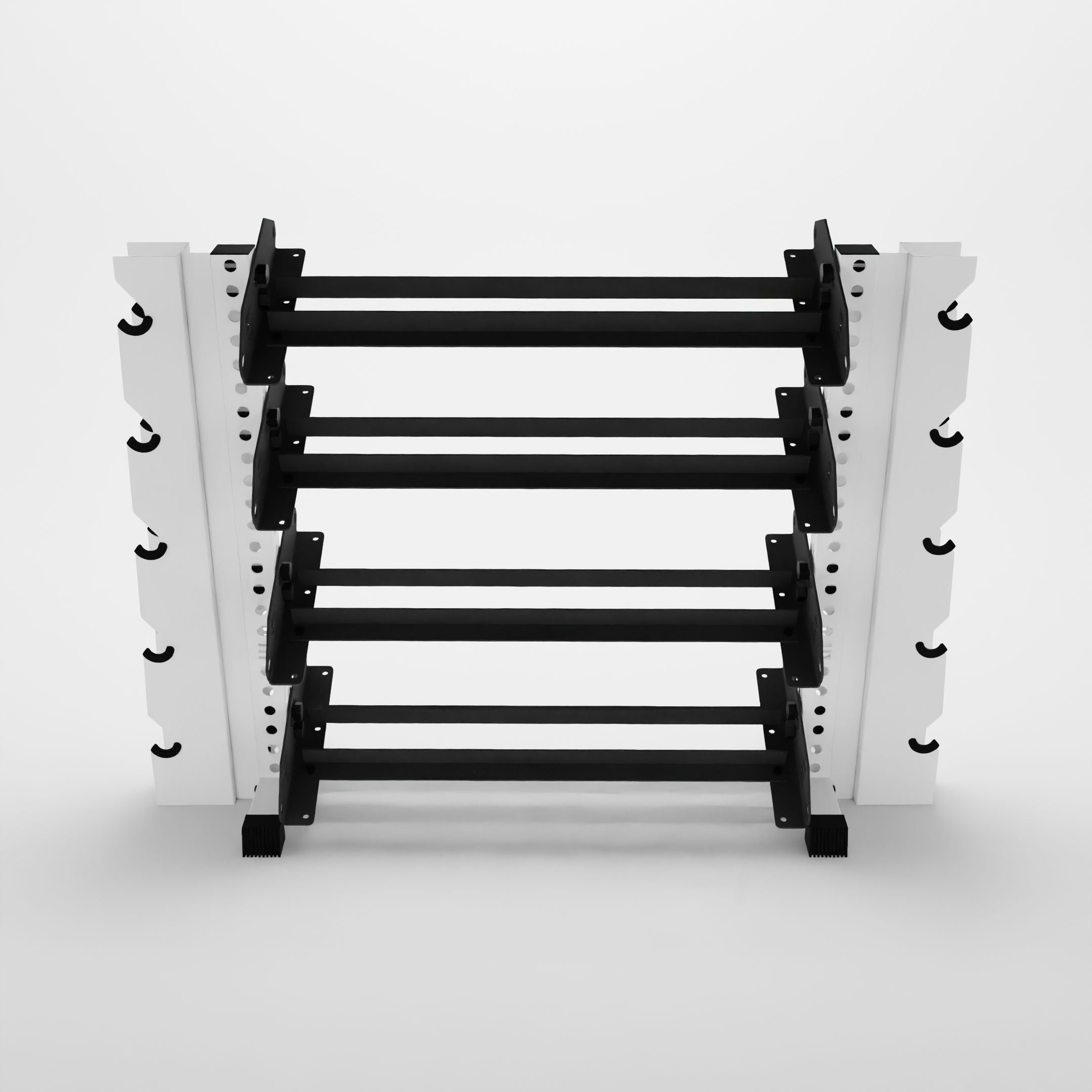 white 43-inch alpha 4-tier horizontal dumbbell rack with elite vertical add-ons