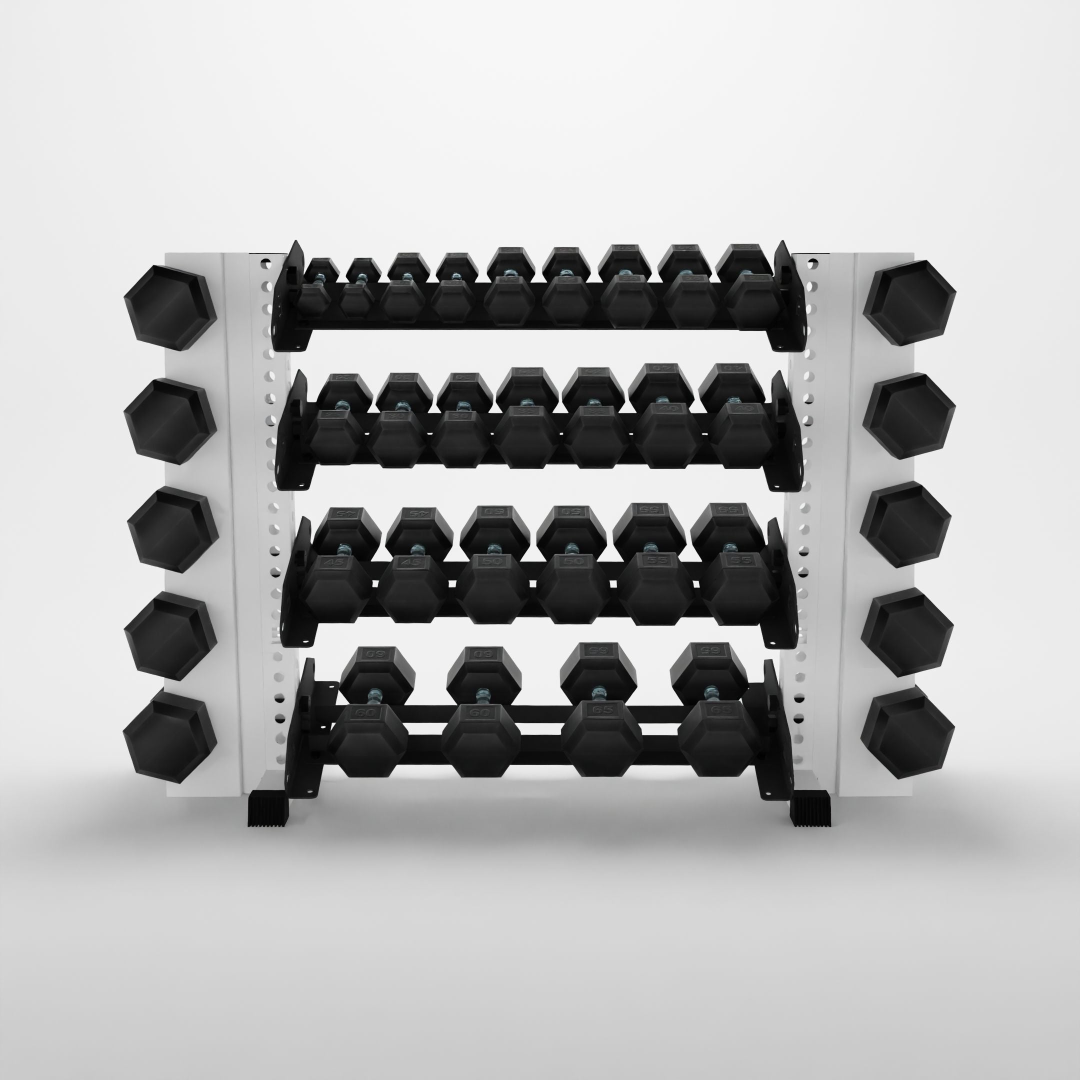 white 43-inch alpha 4-tier horizontal dumbbell rack with elite vertical add-ons storing hex dumbbells