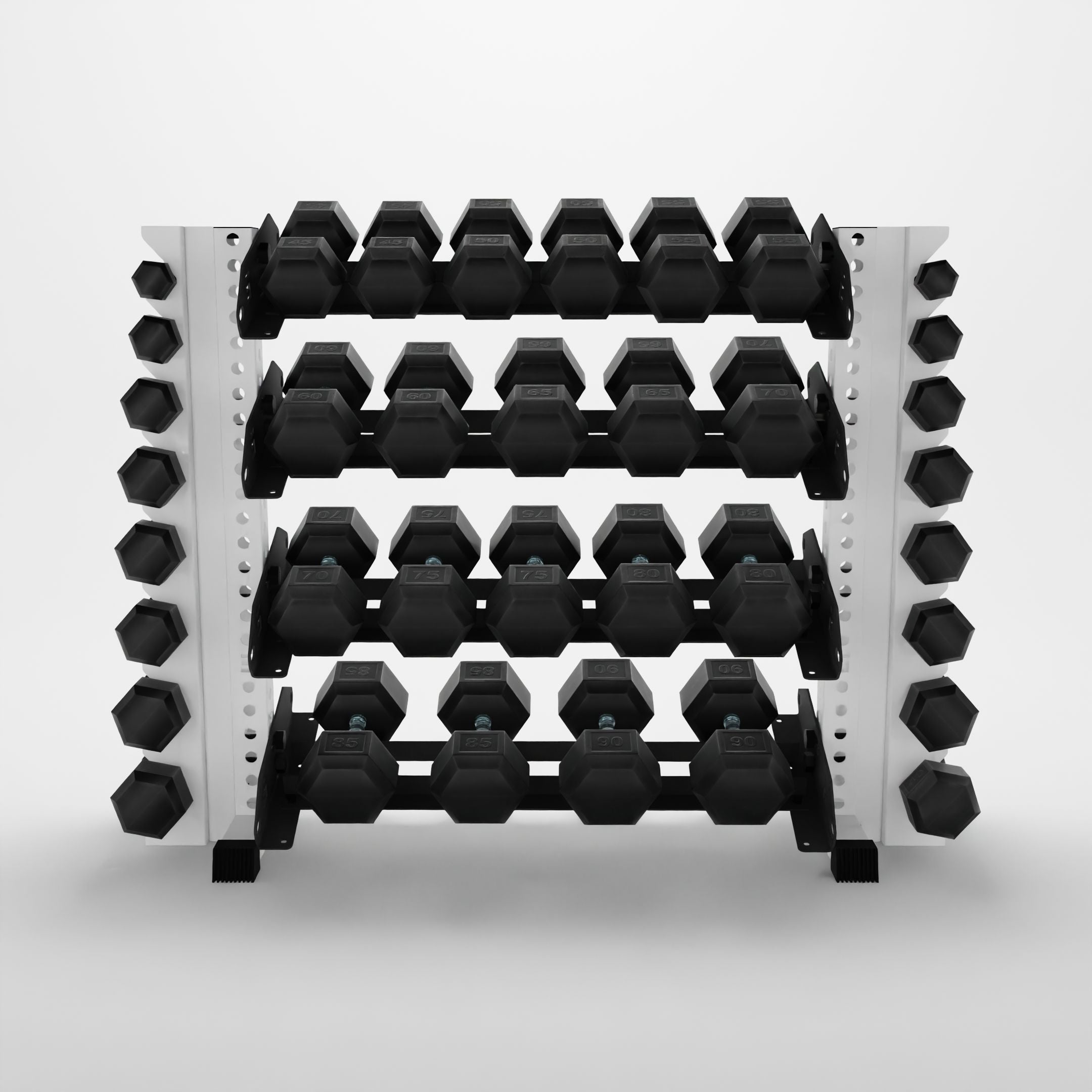 white 43-inch alpha 4-tier horizontal dumbbell rack with vertical add-ons storing hex dumbbells