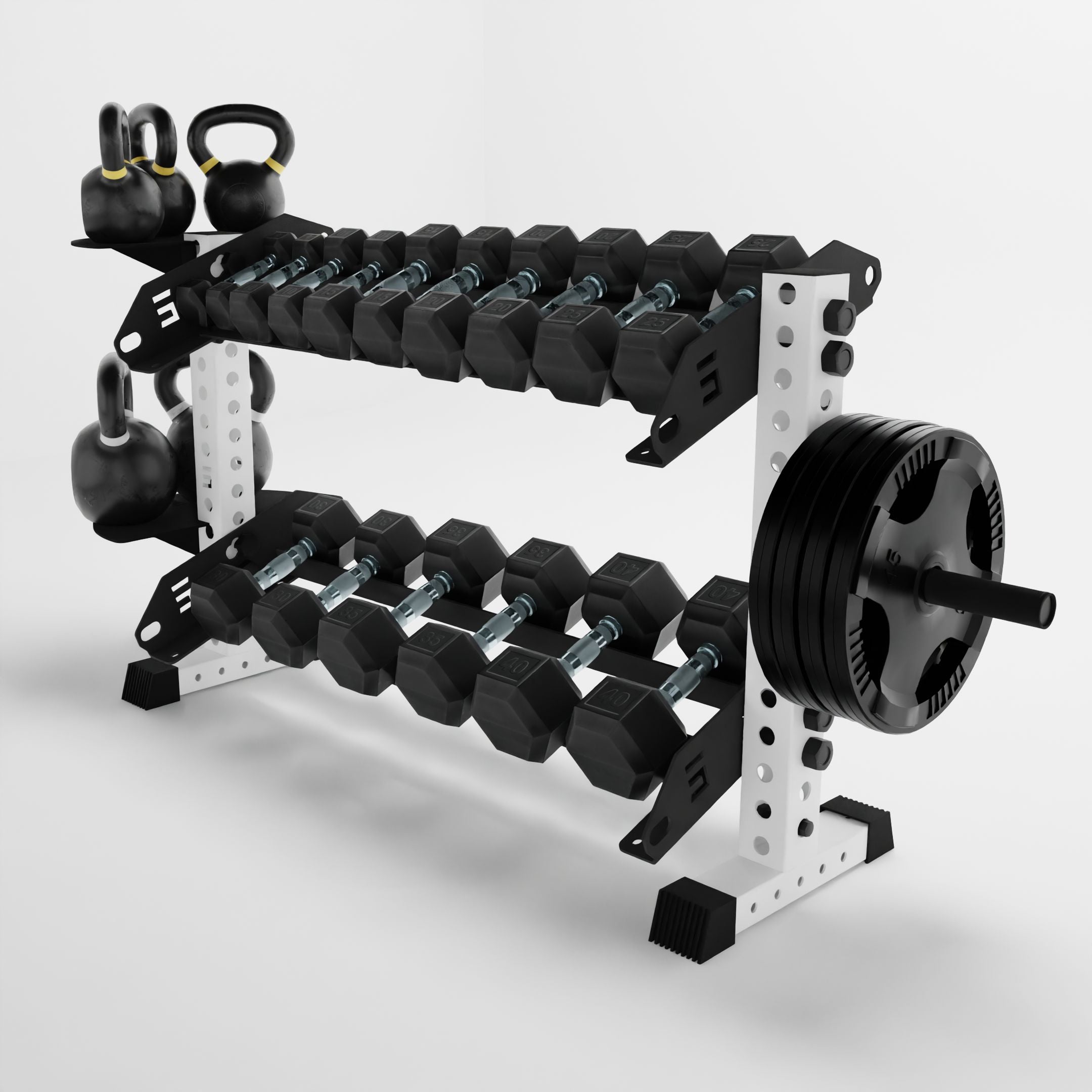 white 43-inch bravo 2-tier horizontal dumbbell rack storing dumbbells, weight plates, and kettlebells using a storage attachment accessories