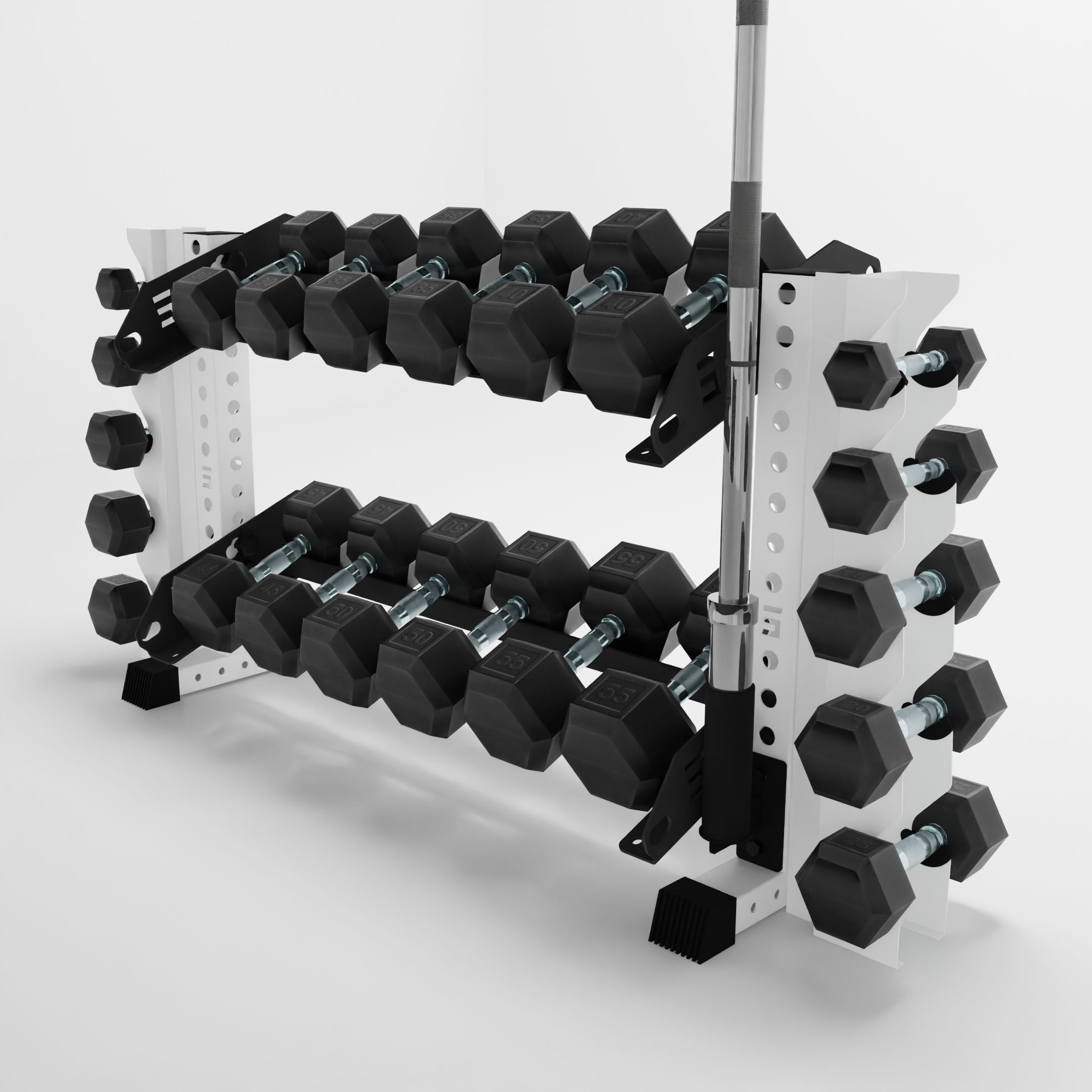 white 43-inch bravo 2-tier horizontal dumbbell rack with vertical add-ons storing dumbbells and a barbell using a storage attachment accessory