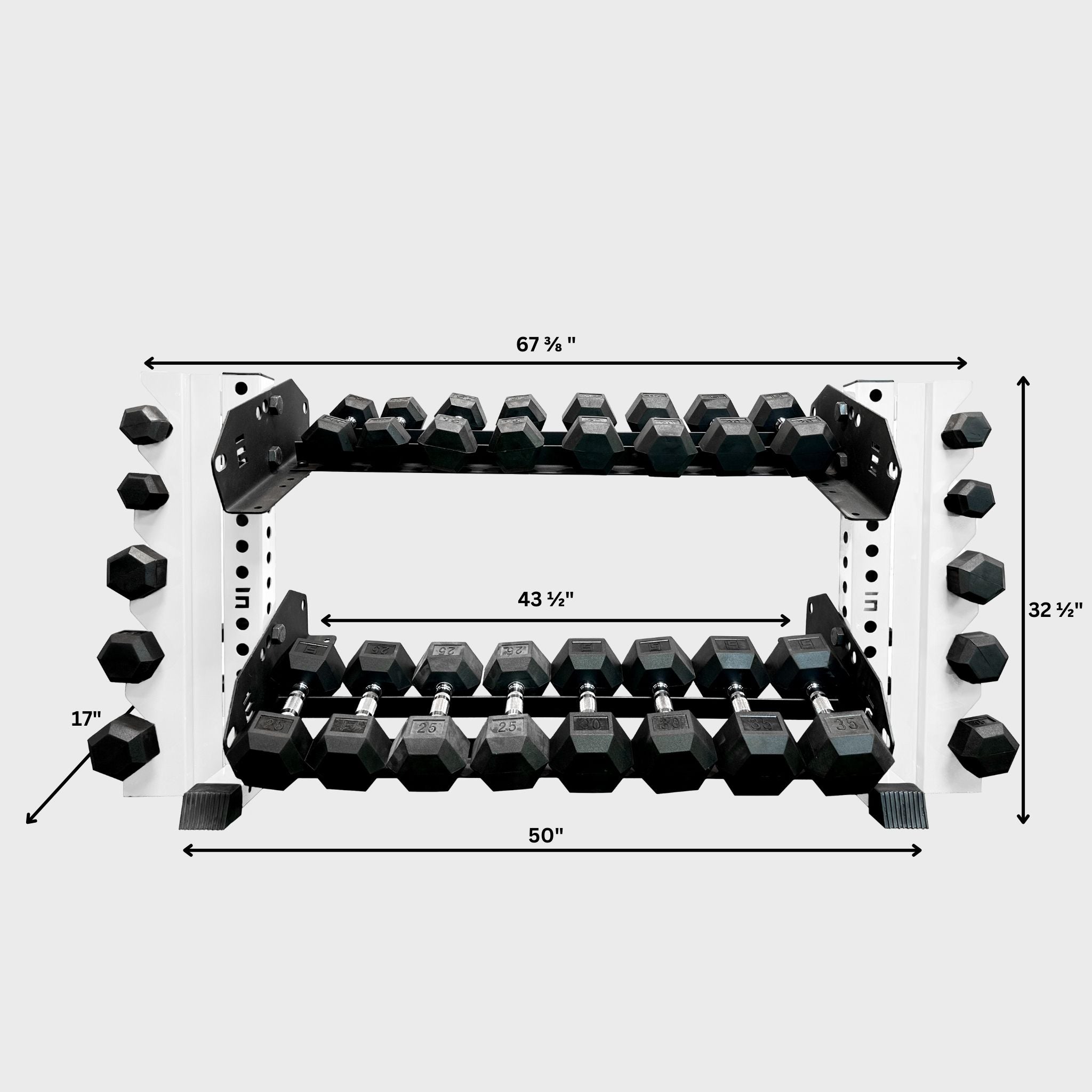 white 43-inch bravo 2-tier horizontal dumbbell storage rack loaded with hex dumbbells and its product dimensions