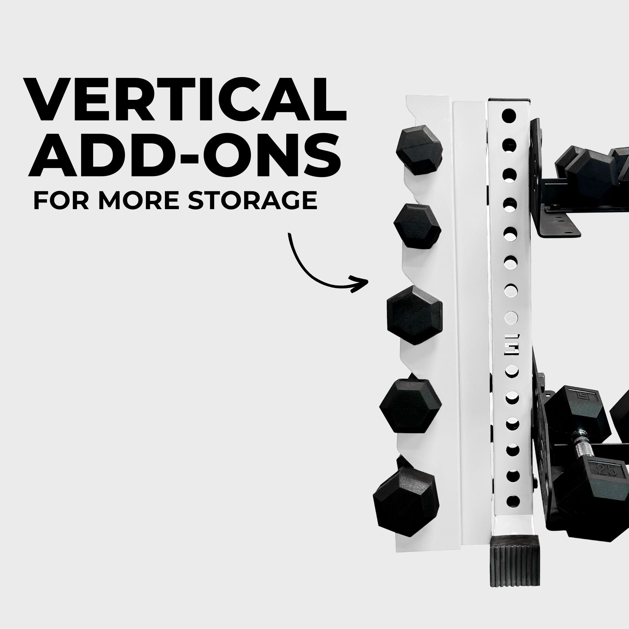 white 43-inch bravo 2-tier horizontal dumbbell storage rack holding hex dumbbells with a vertical add-on and text reading "vertical add-ons for more storage"