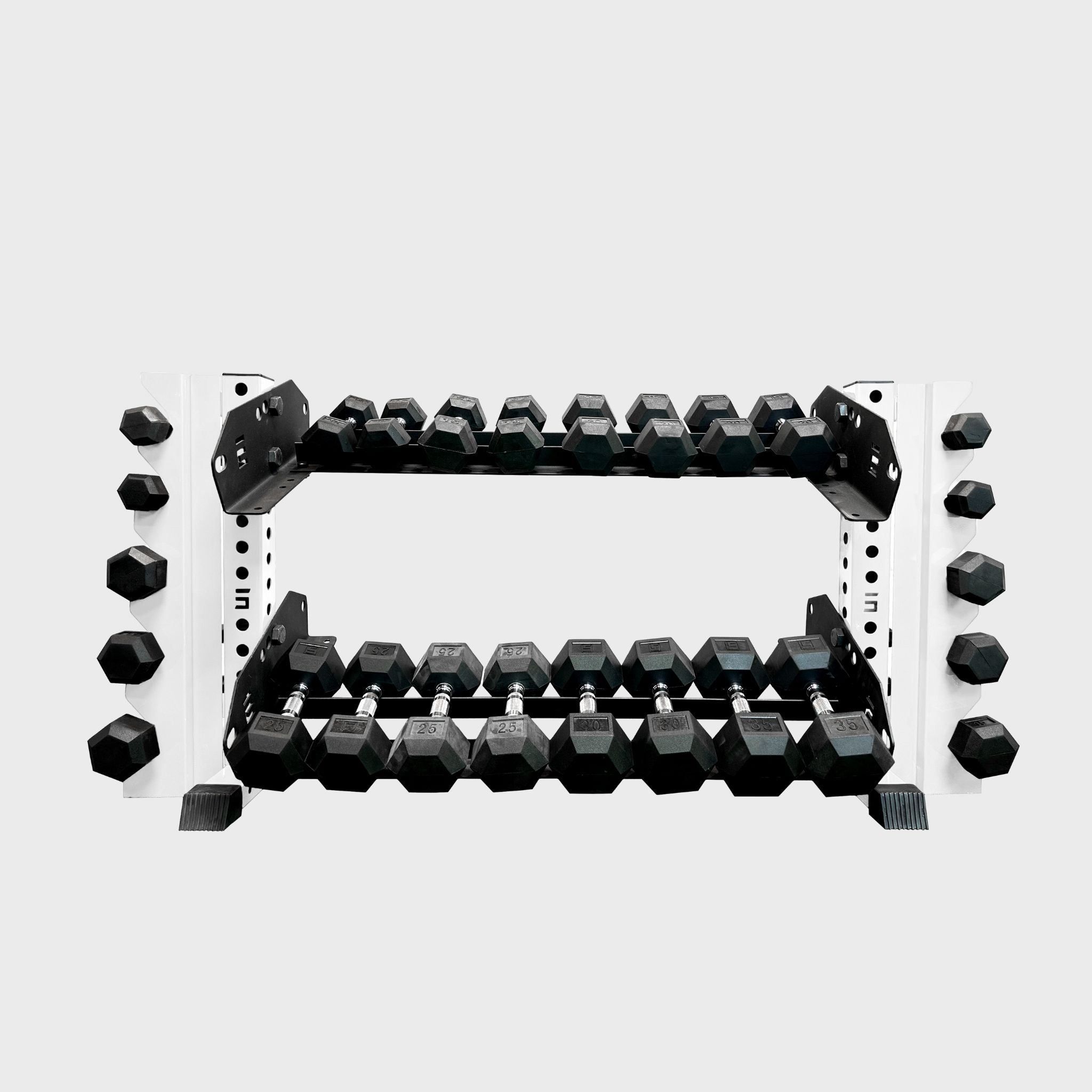 white 43-inch bravo 2-tier horizontal dumbbell storage rack loaded with hex dumbbells