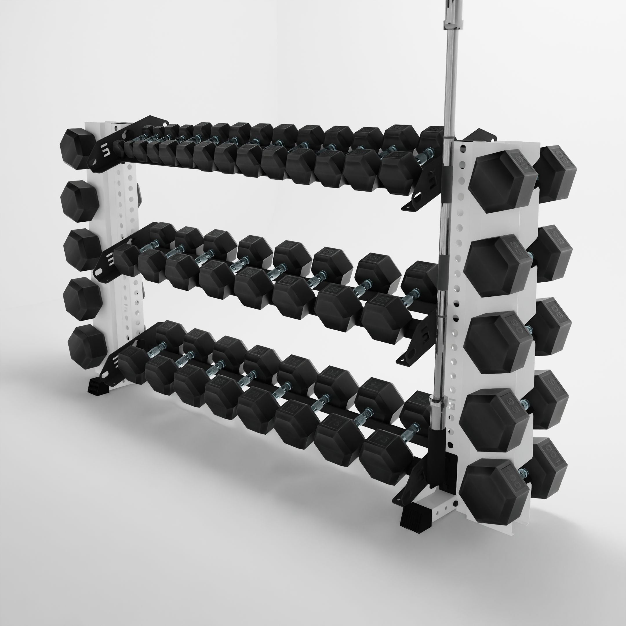 white 70-inch alpha 3-tier horizontal dumbbell rack with elite vertical add-ons storing dumbbells and a barbell using a storage attachment accessory