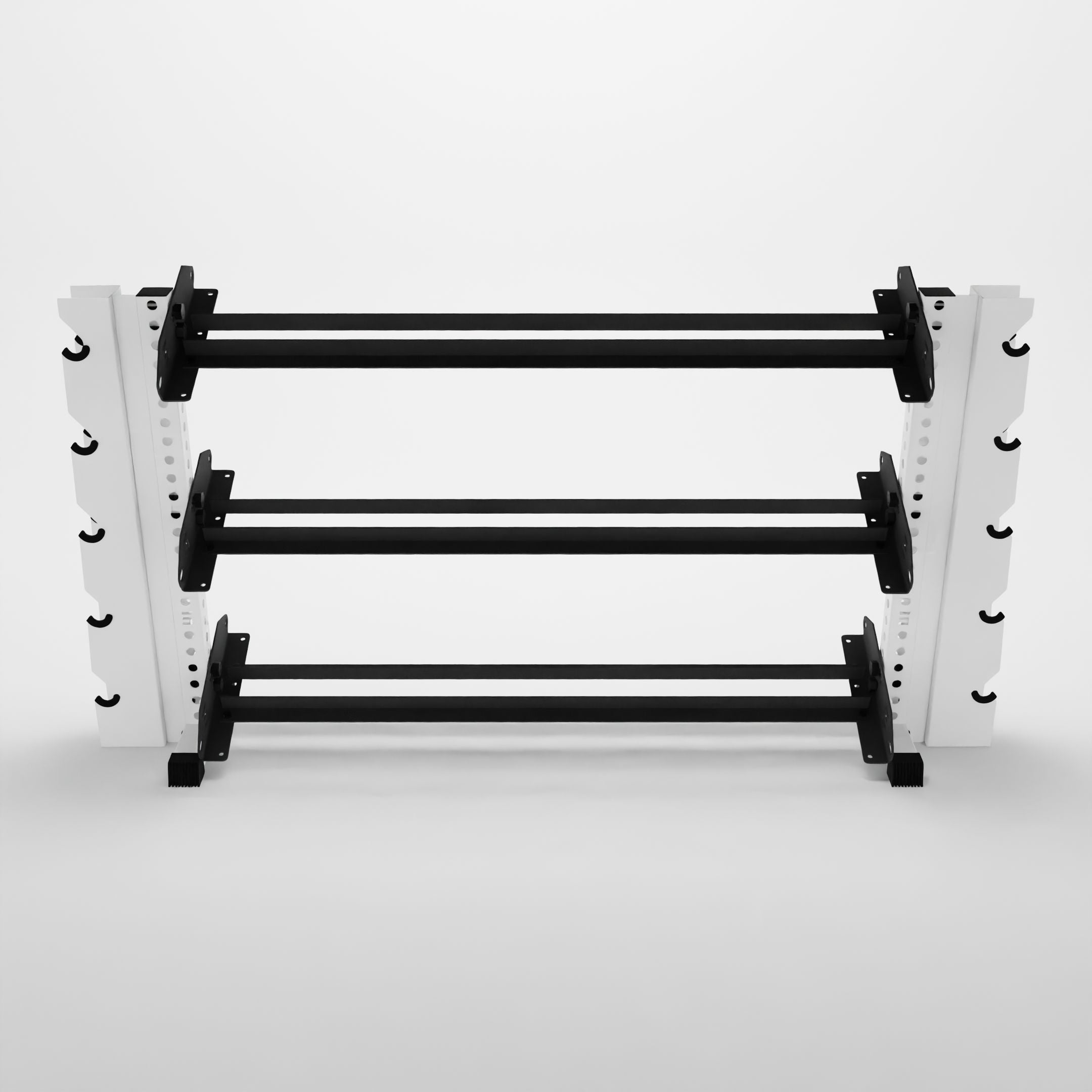 white 70-inch alpha 3-tier horizontal dumbbell rack with elite vertical add-ons