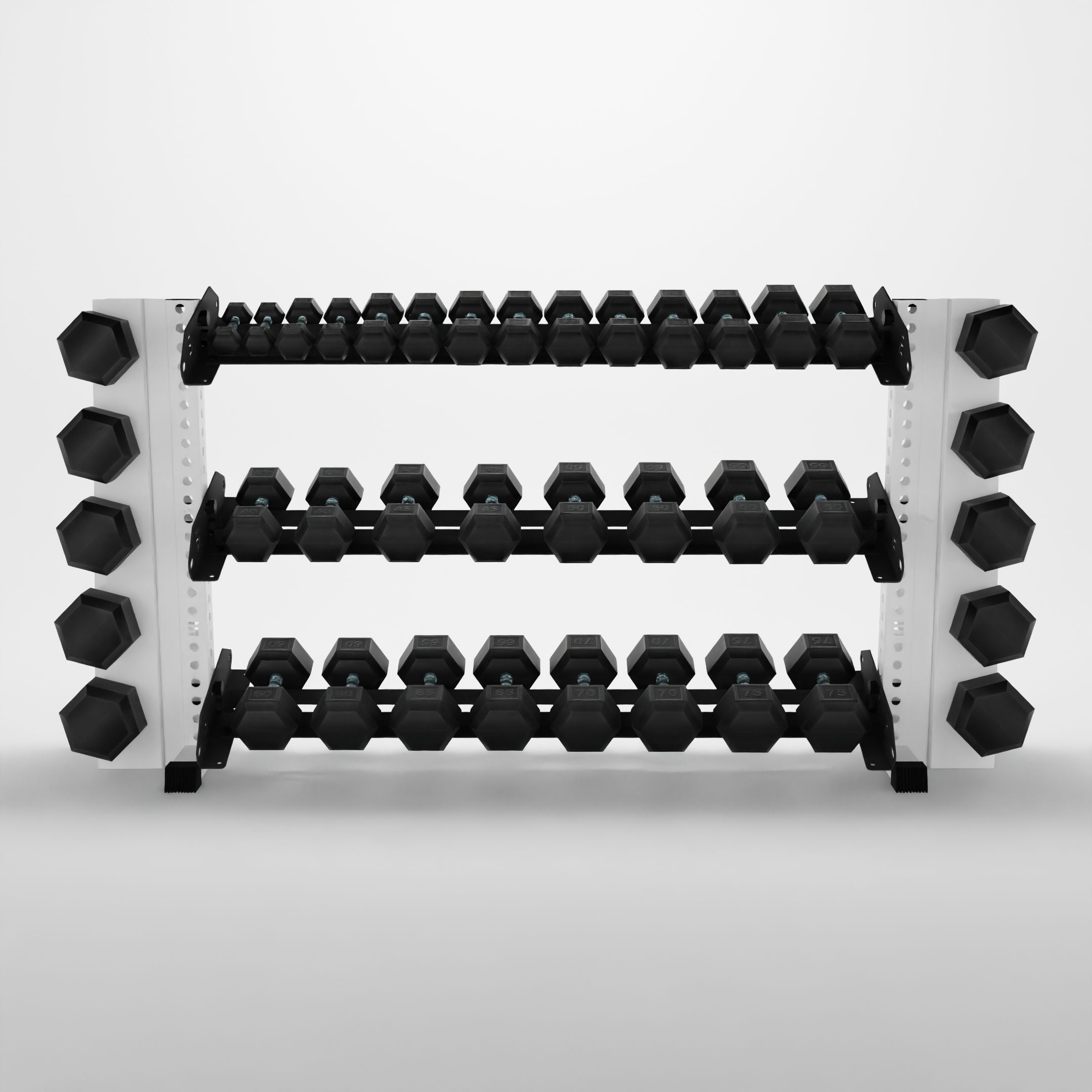 white 70-inch alpha 3-tier horizontal dumbbell rack with elite vertical add-ons storing hex dumbbells