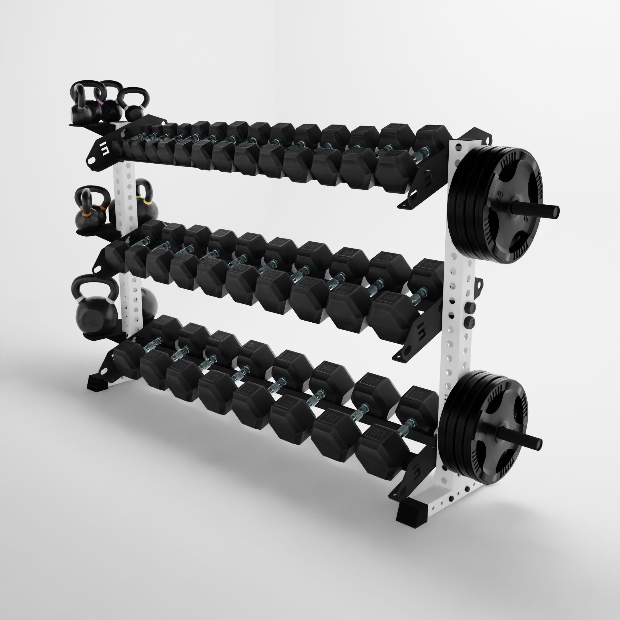 white 70-inch alpha 3-tier horizontal dumbbell rack storing dumbbells, weight plates, and kettlebells using storage attachment accessories